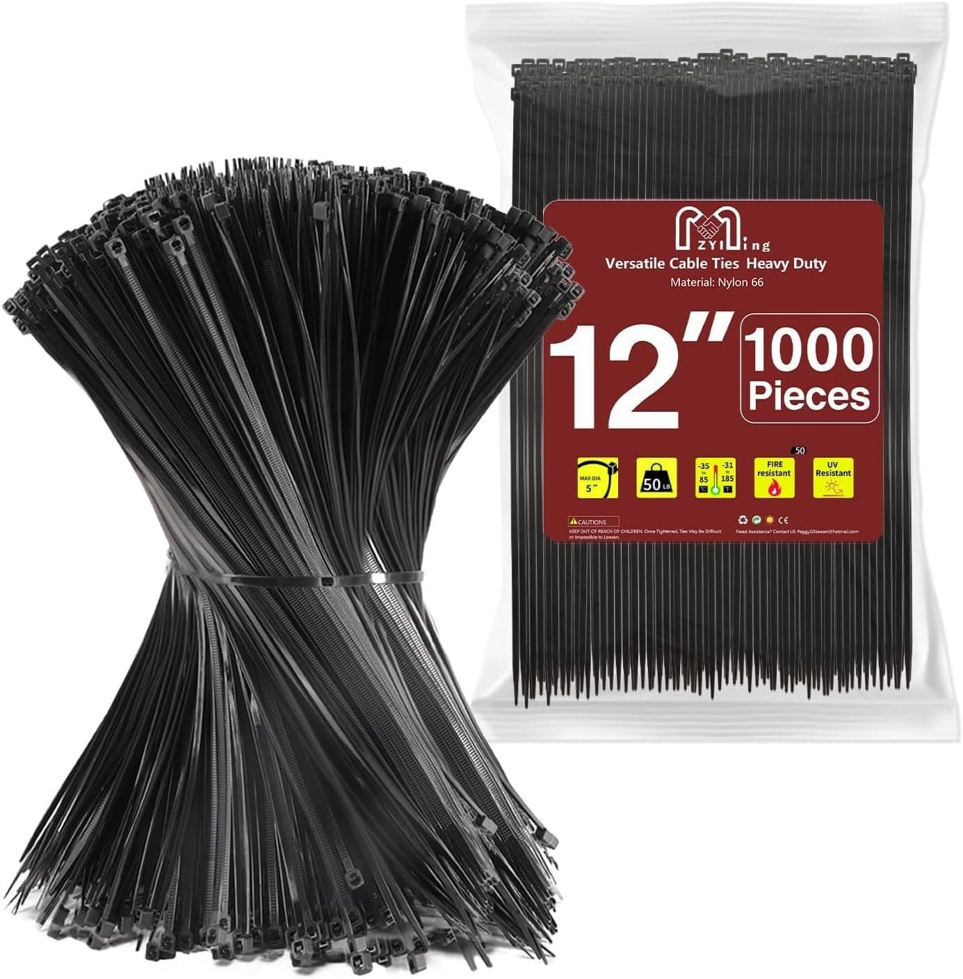 Zip Ties 1000pcs Black Cable Zip Ties 12 Inch Heavy Duty Plastic Wire Ties with 50lbs Tensile Strength Self-Locking Black Nylon Ties Wraps for Indoor and Outdoor Home Office