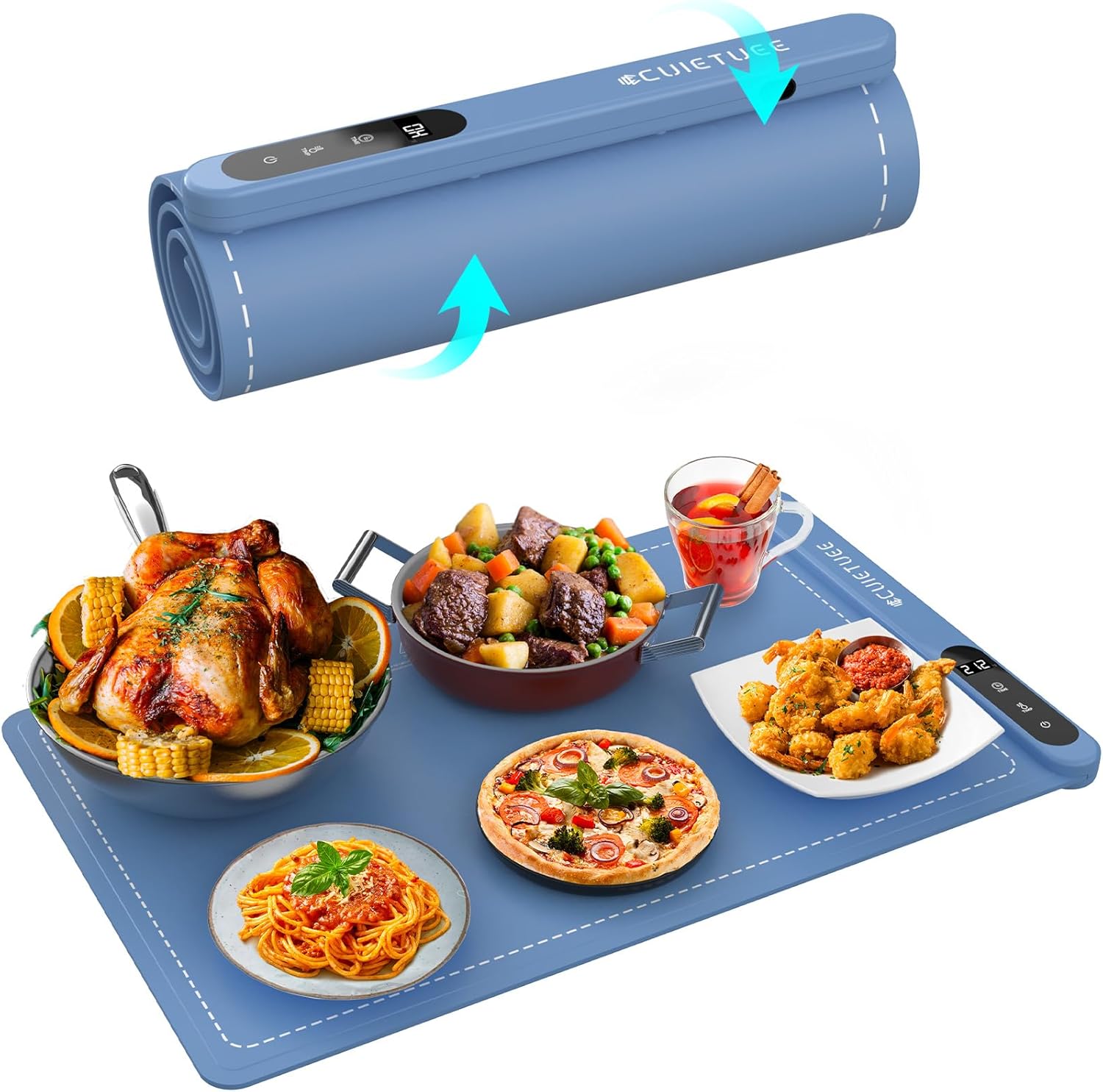 Electric Warming Tray 500W Upgraded Graphene Heat-Conducting Material, Rollable and Portable Food Warming Mat 6 Temperature Settings for Gatherings Parties Home Buffets Daily Use, Blue