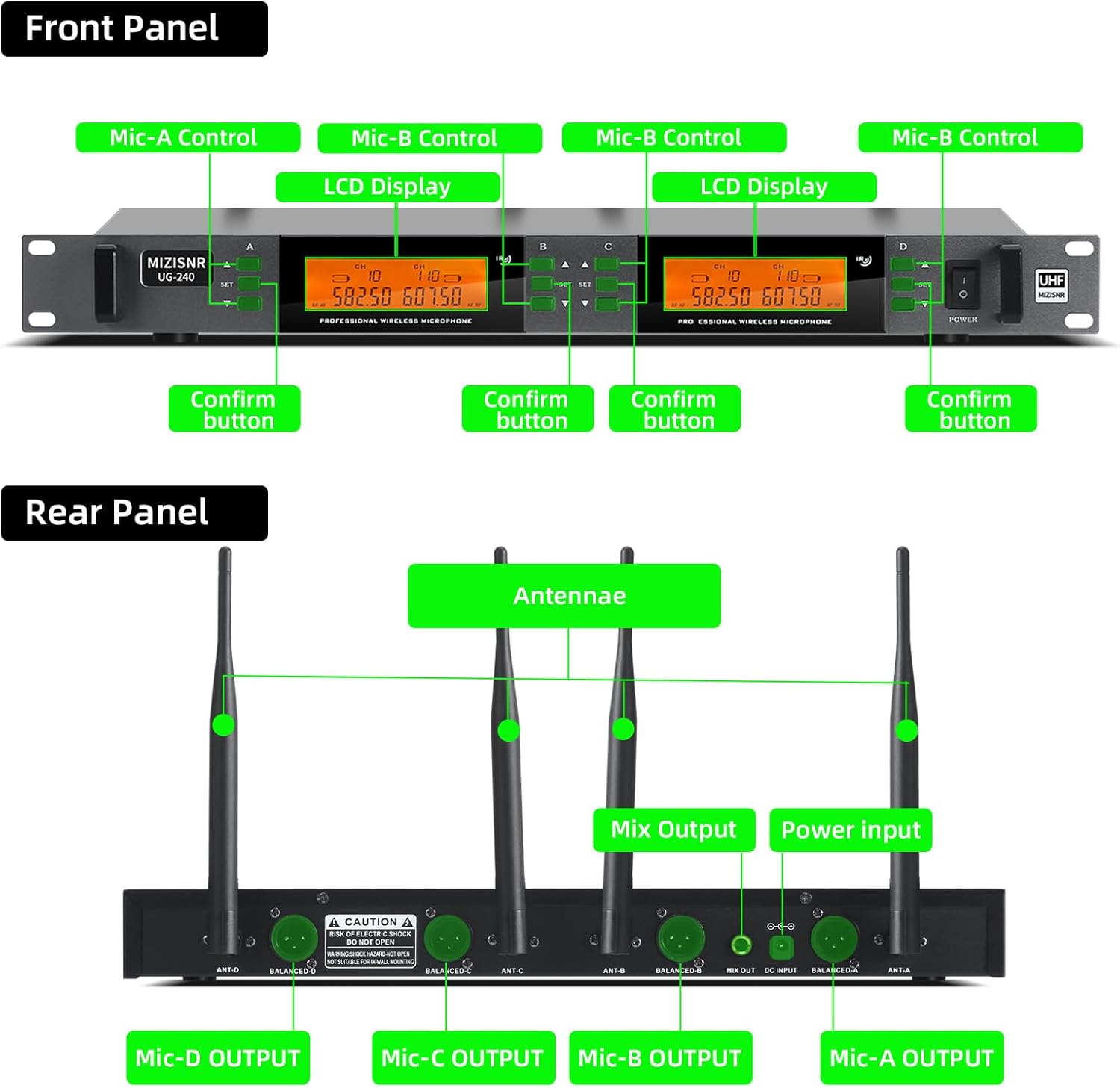 4 Channel Wireless Lapel Microphone System, UHF Metal Receiver Headset Lavalier Mics Set with 4x100 Adjustable Frequency 300ft Range for Church Karaoke Meeting Preaching(4 Bodypack, UG-240) - Image 7