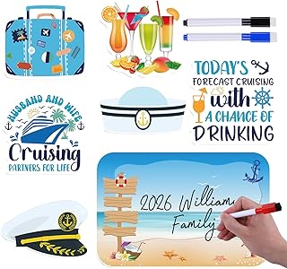 Cruise Door Decorations Magnetic - 7PCS Couple Cruise Ship Door Decorations Magnets with 3 Paint Pens Ship Navy Hat Suitcase Drink Magnet Stickers for Carnival Cabin Refrigerator Decor