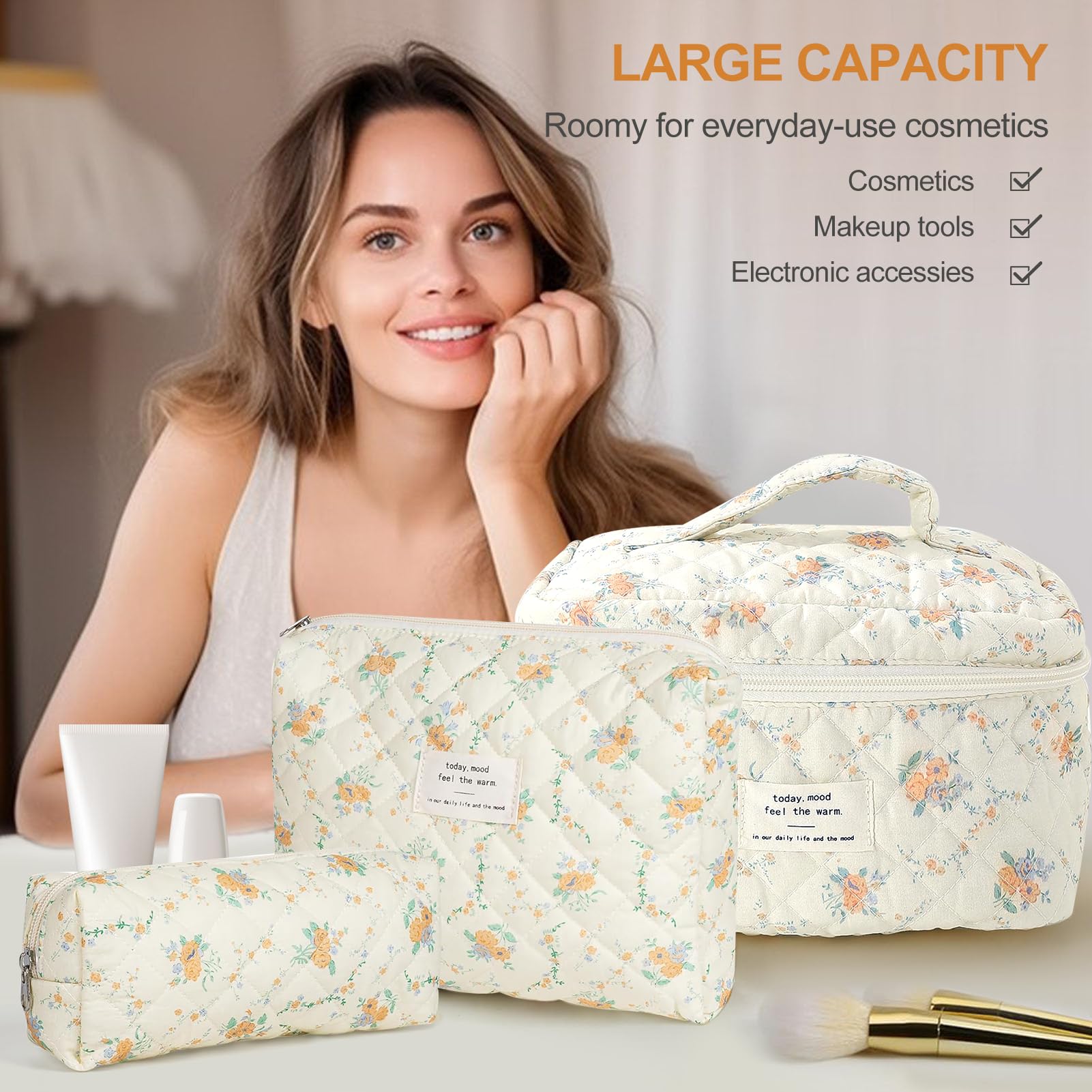 TOPALL Floral Cotton Quilted Makeup Bag Set, Classic Toiletry Bag, Cosmetic Pouch, 3 Sizes (Large+Medium+Pouch), Orange Flower - Image 2