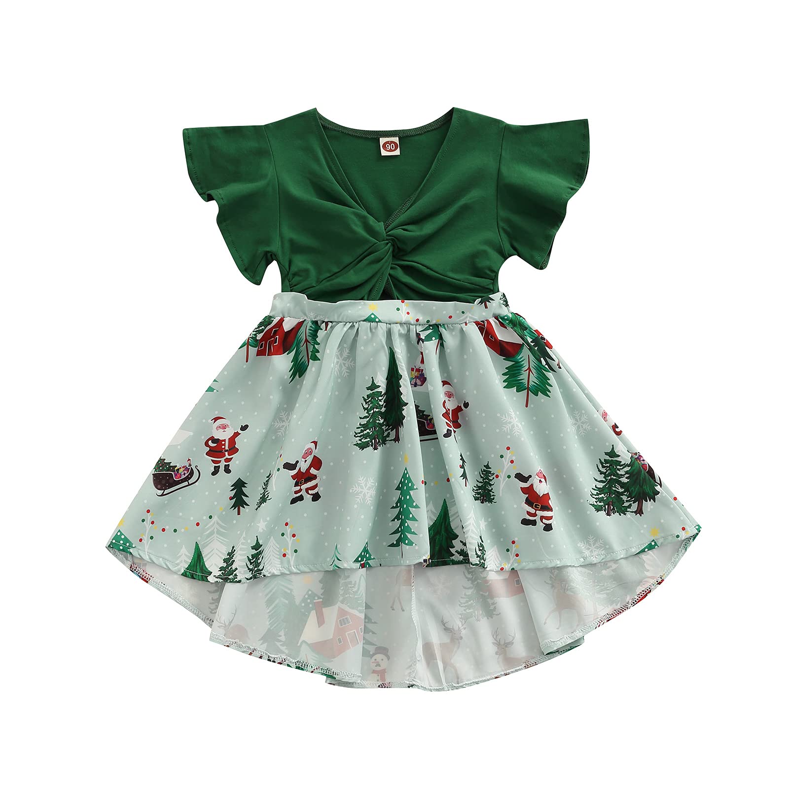 Andannby Little Sister Matching Christmas Dress Big Girl Green Santa Print Ruffle Playwear Holiday Dresses (Big Girl, 1-2 Years)
