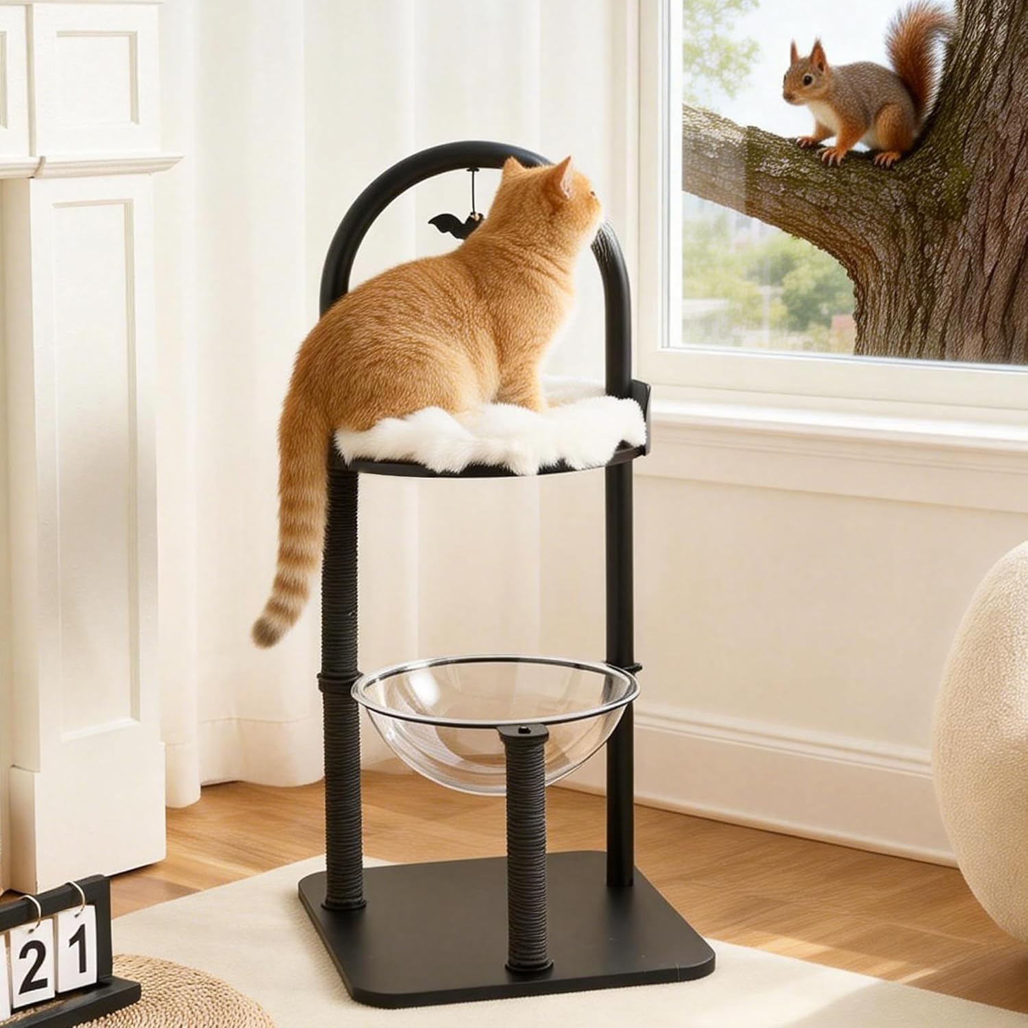 34" Modern Cat Tree Furniture, Minimalist Metal Frame Cat Tower with Wood Platforms, Washable Cushion & Scratching Post, Stylish Cat Condo for Indoor Cats, Classic Black