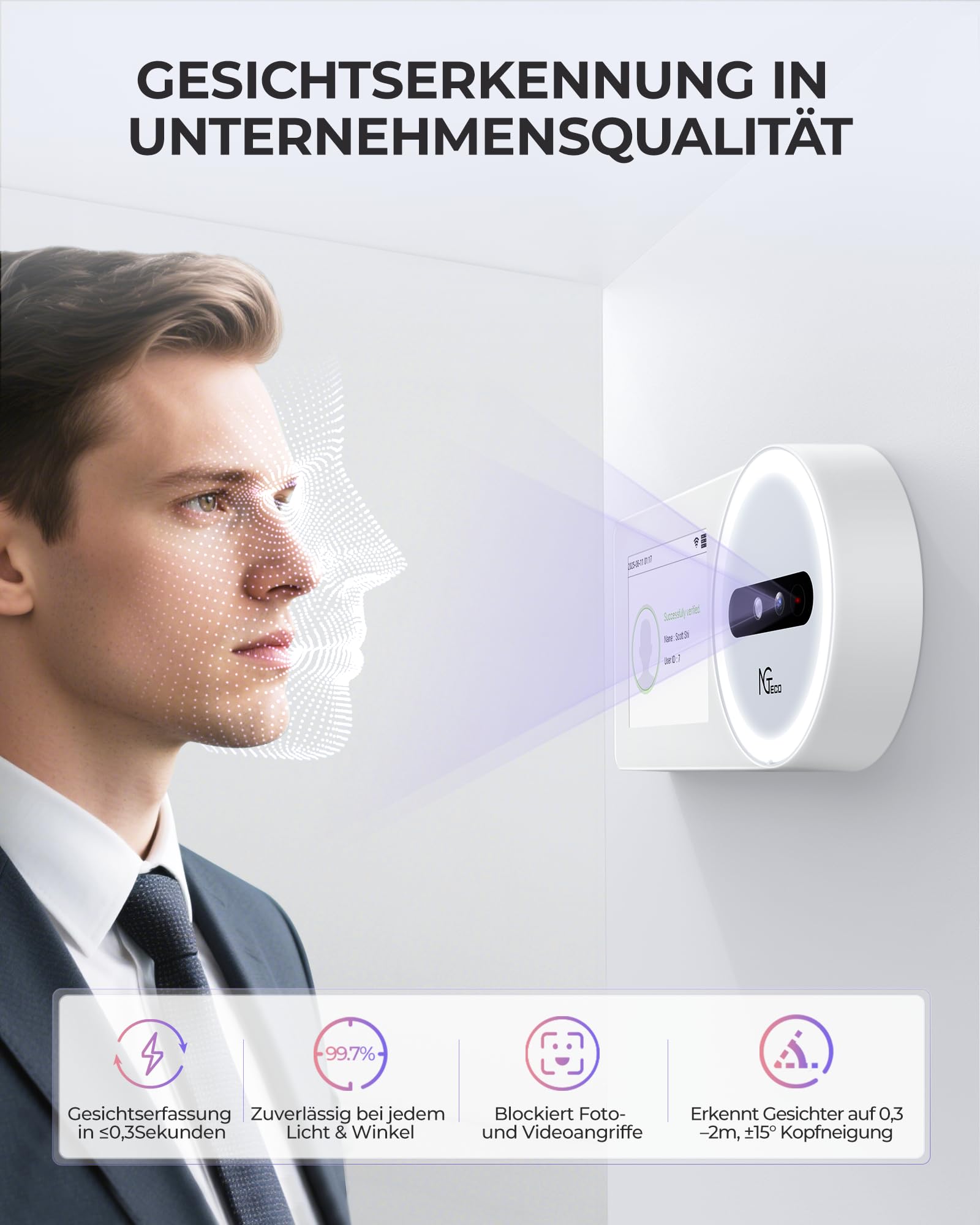 NGTeco Zeiterfassungsuhr TC5 mit Gesichtserkennung, Cloud-basiert für kleine Unternehmen, App-Steuerung (iOS/Android), Keine monatlichen Gebühren