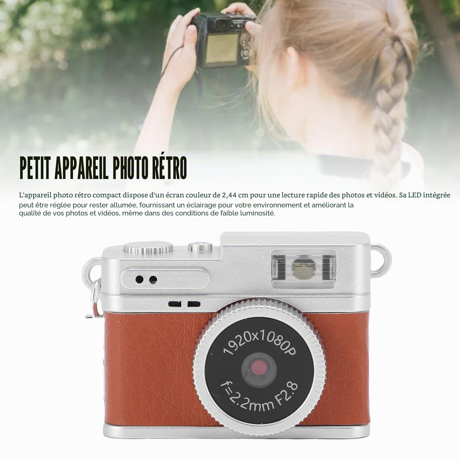 Topiky Petit Appareil Photo Numérique Rétro, 1080p FHD 0,96 Pouce Mini Clés de Caméra, Appareil Photo Numérique Portable Ith LED Bill Light Light 4 Filtres, Enregistreur Vidéo de Poche (Brown)