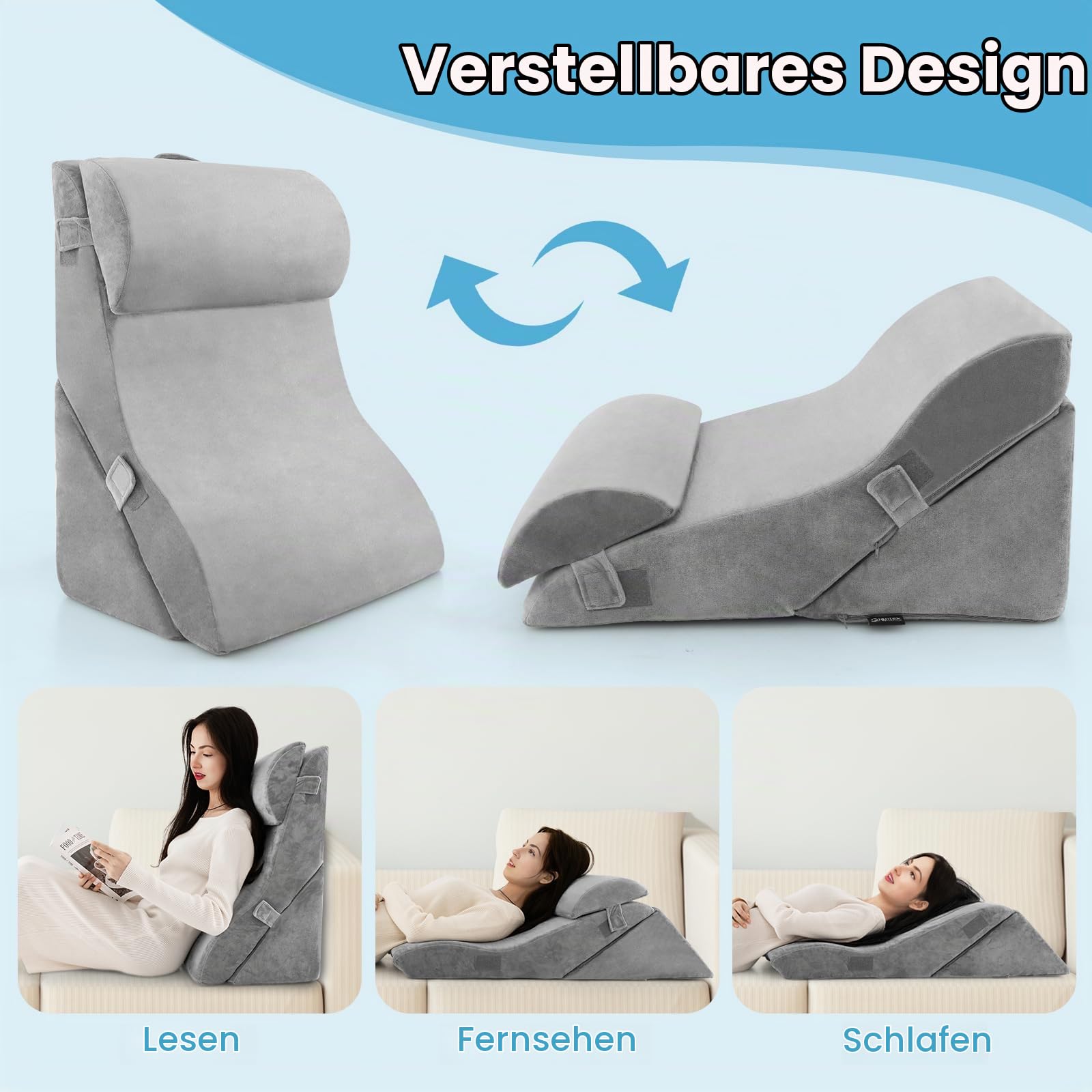 FANTASK 3Tlg. Lesekissen zum Beine hochlagern, Venenkissen, orthopädisches Keilkissen-Set nach Operationen gegen Schnarchen, Sodbrennen & Rückenschmerzen (Grau)