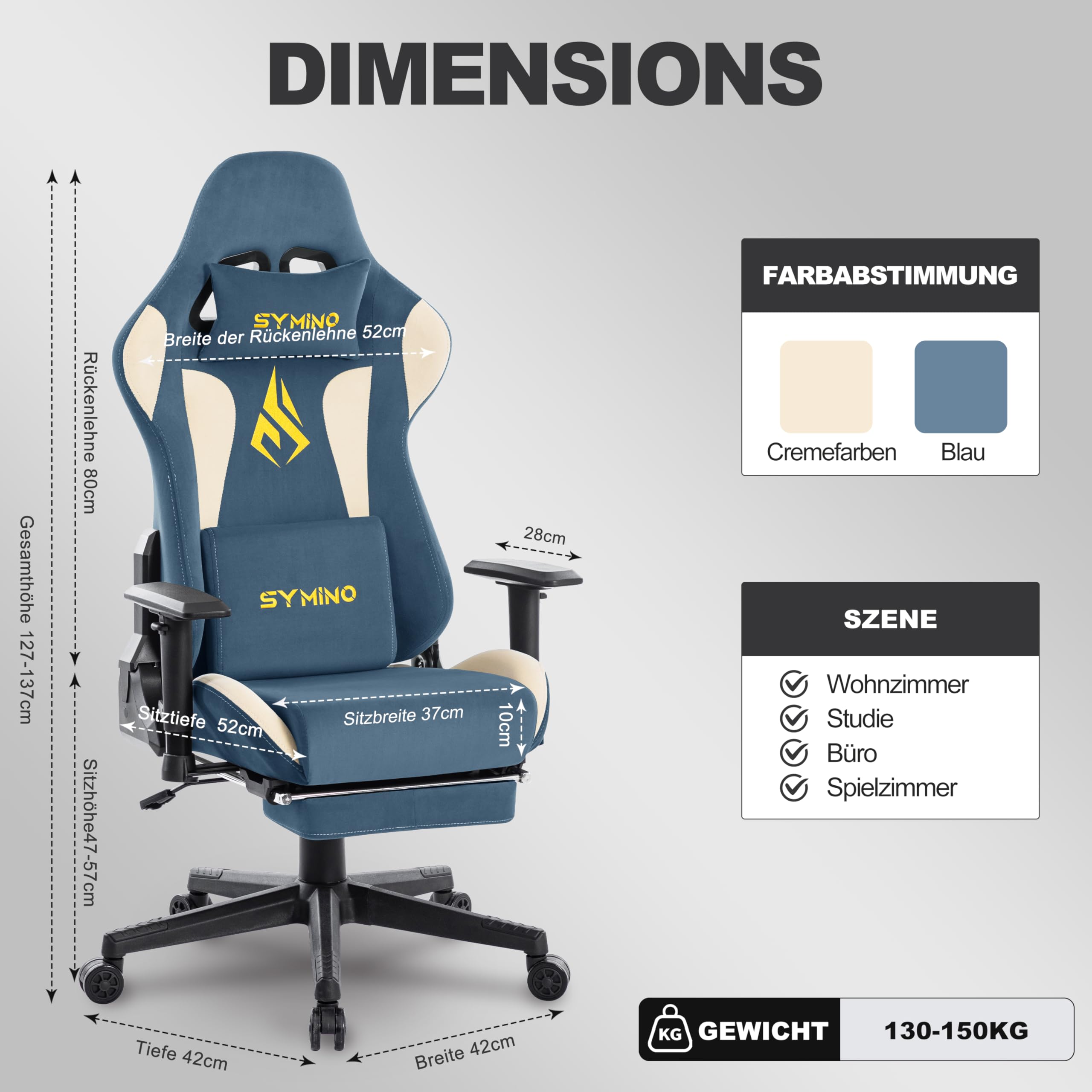 Symino Gaming Stuhl, Luxuriöser Wildlederimitat Gaming Chair, Ergonomischer Bürostuhl Schreibtischstuhl mit Fußstütze Kopfstütze und Lendenkissen, 90-167° Rückenlehne, Blau-Beige