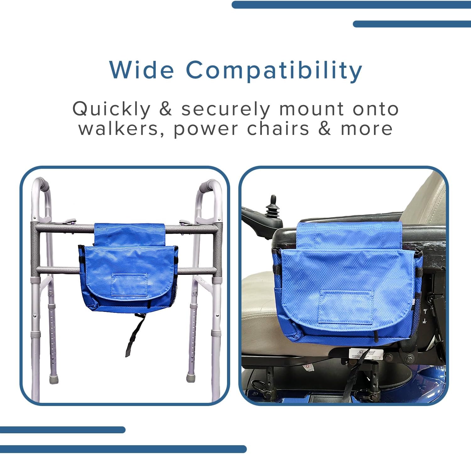 AlveyTech Saddle Bag for Mobility Scooter, Wheelchair, & Electric Power Chair (Large, Blue) - Accessories Holder Armrest Side Pouch Storage Organizer Bags for Adults, Water-Resistant, Easy Install