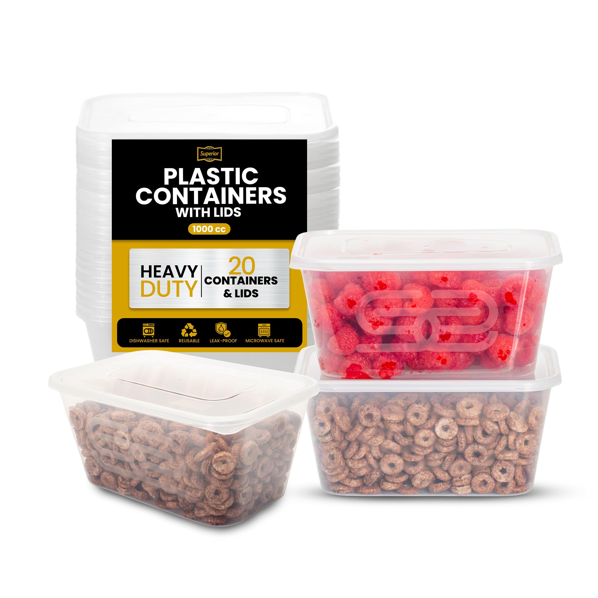Superior Takeaway Containers with Lids – 20 Pcs Durable 1000ml Crack-Resistant Rectangular Food Containers with Lids -Microwave Safe Leak-Proof Takeaway Containers-Perfect for Meal Prep & Food Storage