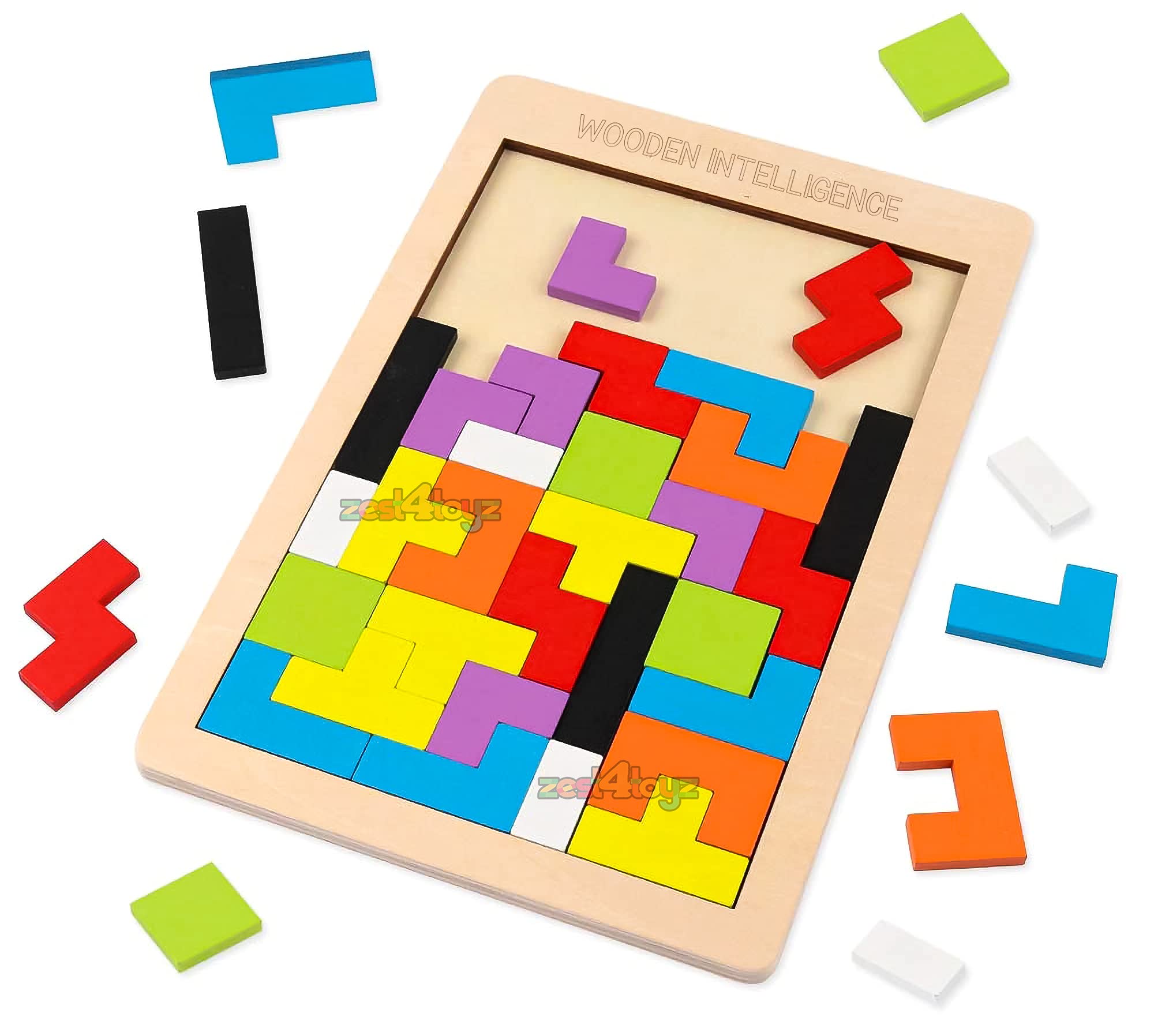 zest 4 toyz Wooden Block Puzzle Game for Kids Brain Teasers Toy Colorful 3D Russian Blocks Game STEM Educational Gift for Boys Girls - (40 Pcs) Multicolor