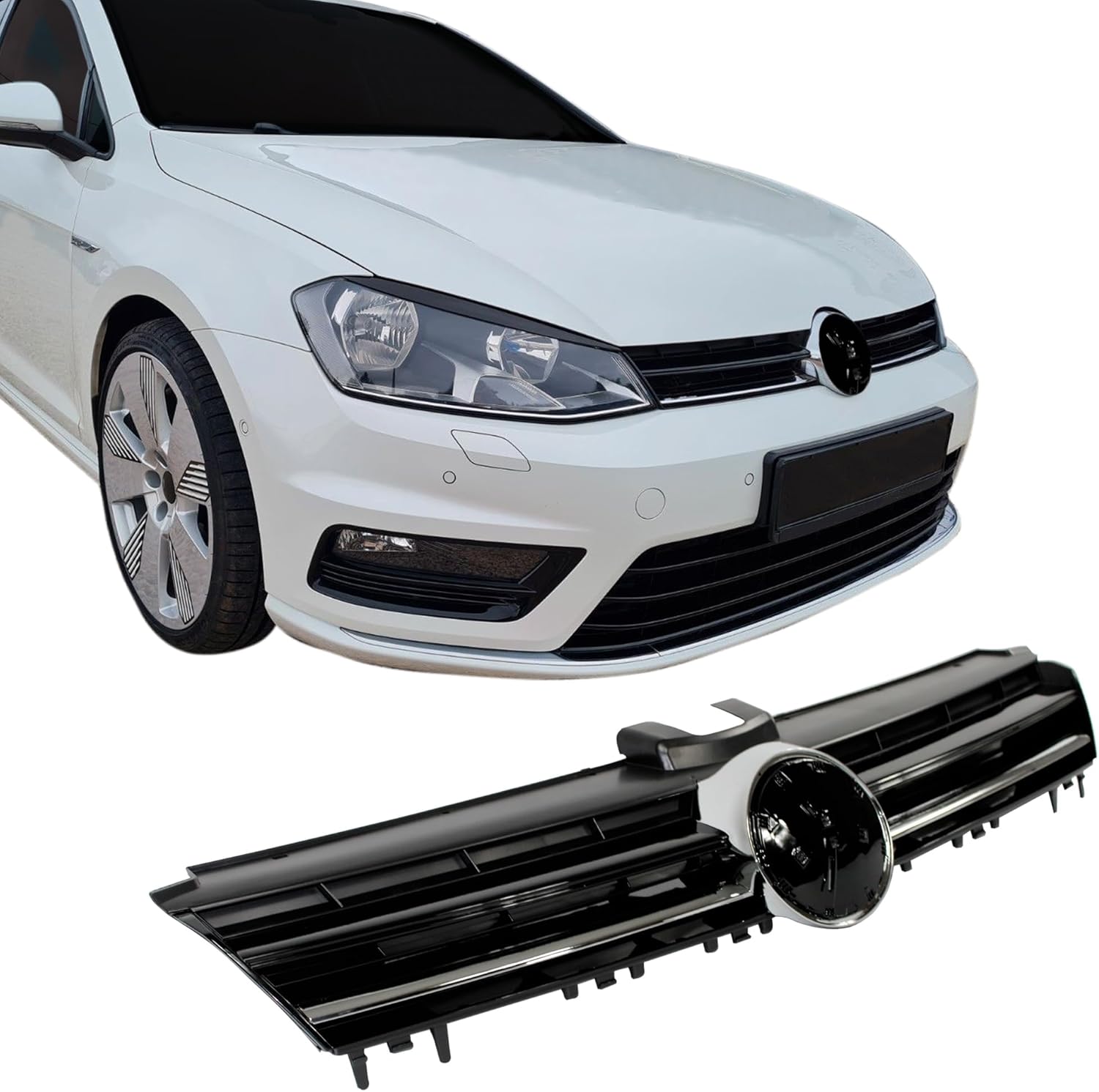 JOM 5G0853653RME Radiator Grille for Golf 7 Glossy Black with Chrome Trim R Look with Cut-Out for the Emblem