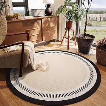 Modern Elegant Machine Washable Beige White Black Round Area Rug 9x9 Non Shedding Wool Soft Unique Aesthetic Rug for Bedroom Diningroom Livingroom Kitchen Art Deco Office Dorm Indoor Floor Carpet