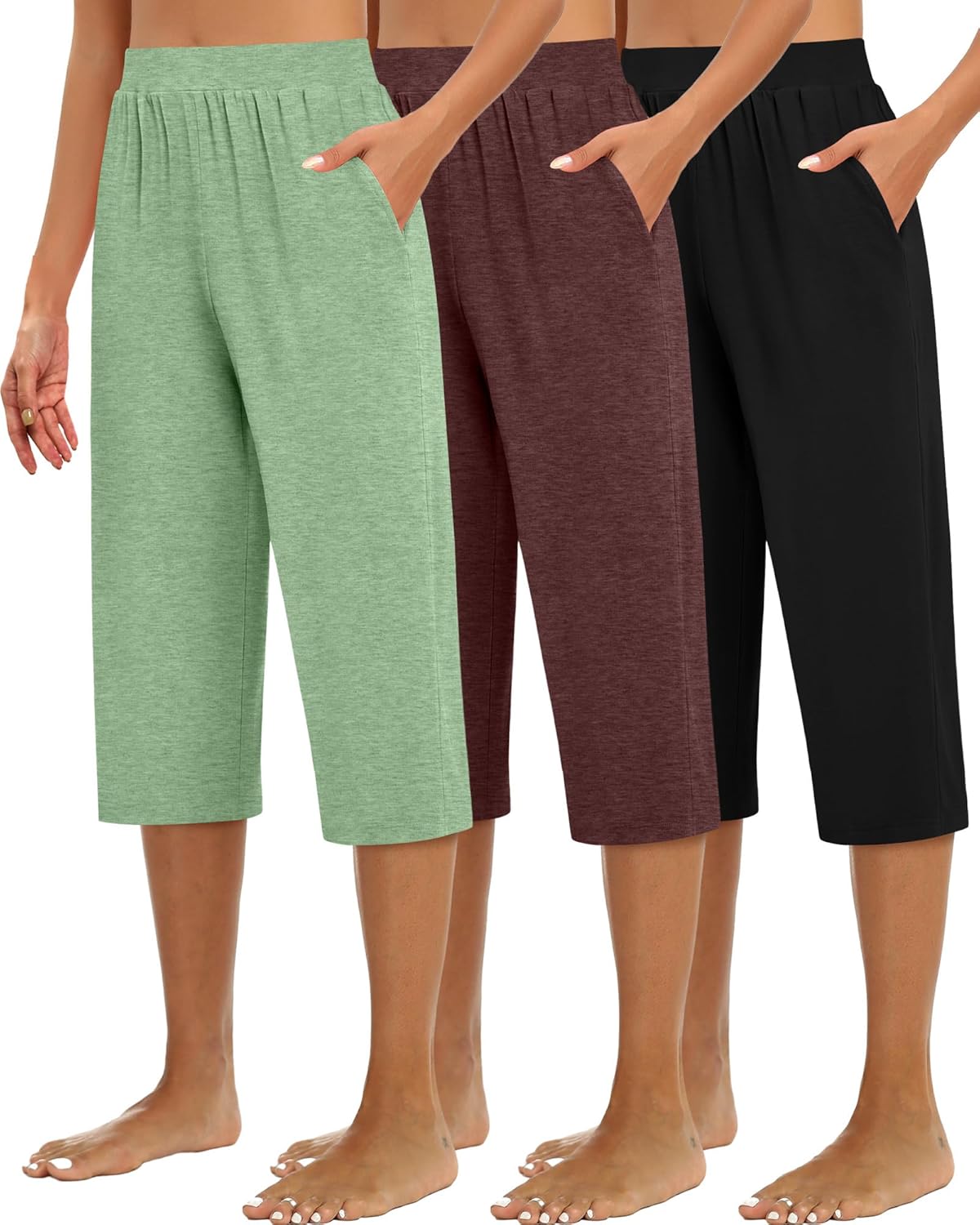 Huukeay 3 Pack Women's Capri Sweatpants, Cozy Wide Legs Cropped Capri with Pockets, Lounge Jogger Pants Workout Yoga Solid