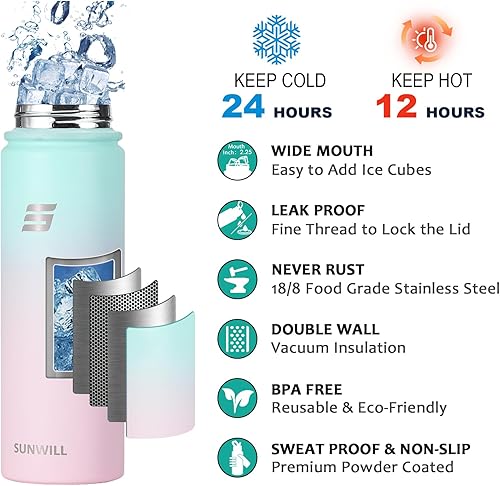 Miniatura 3 de SUNWILL Botella de agua aislada con popote, botella de agua para deportes y viajes, 22 onzas, acero inoxidable de doble pared, apta para portavasos,