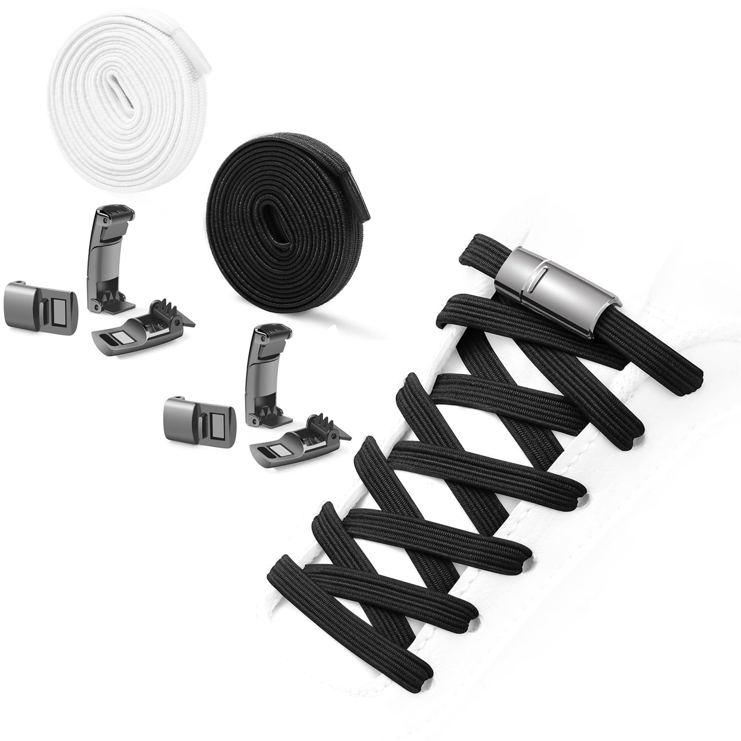 OBABO[Upgrade] 2 Pairs No Tie Elastic Flat Shoe Laces for Sneakers, Stretch Shoelaces for Kids & Adults, Magnetic Shoes Strings