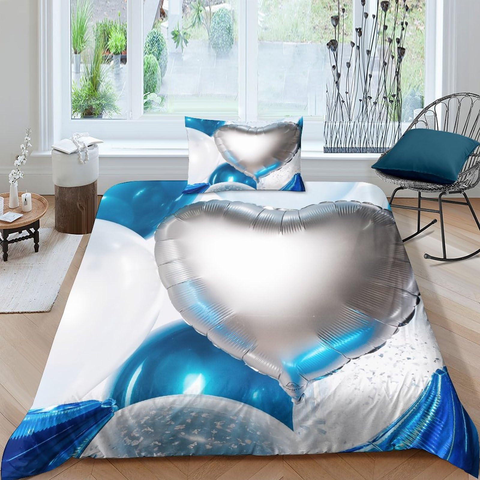 Parure de lit montgolfière bleue et blanche en microfibre avec housse de couette 3D et sa taie