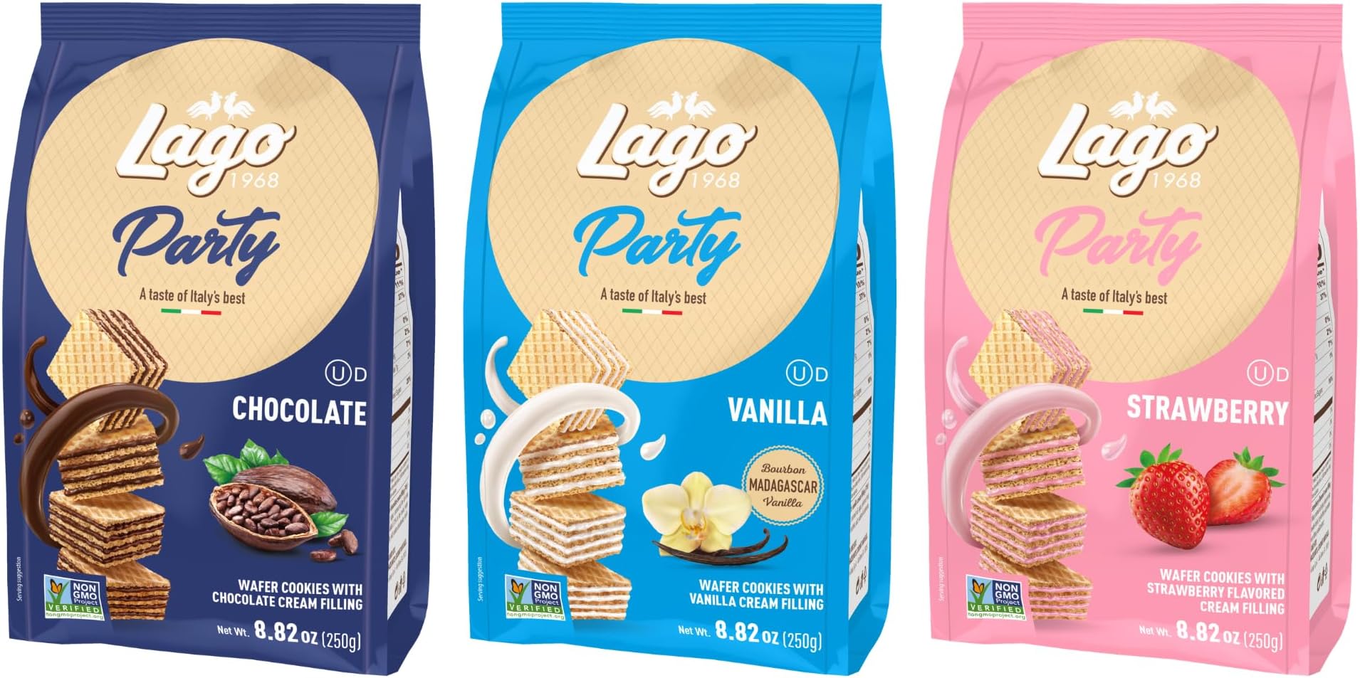 Gastone Lago Party Variety Wafers, 8.82 oz (3-Pack) – Italian Crispy Wafer Cookies with Chocolate, Vanilla & Strawberry Cream Filling, Light & Crunchy Snack
