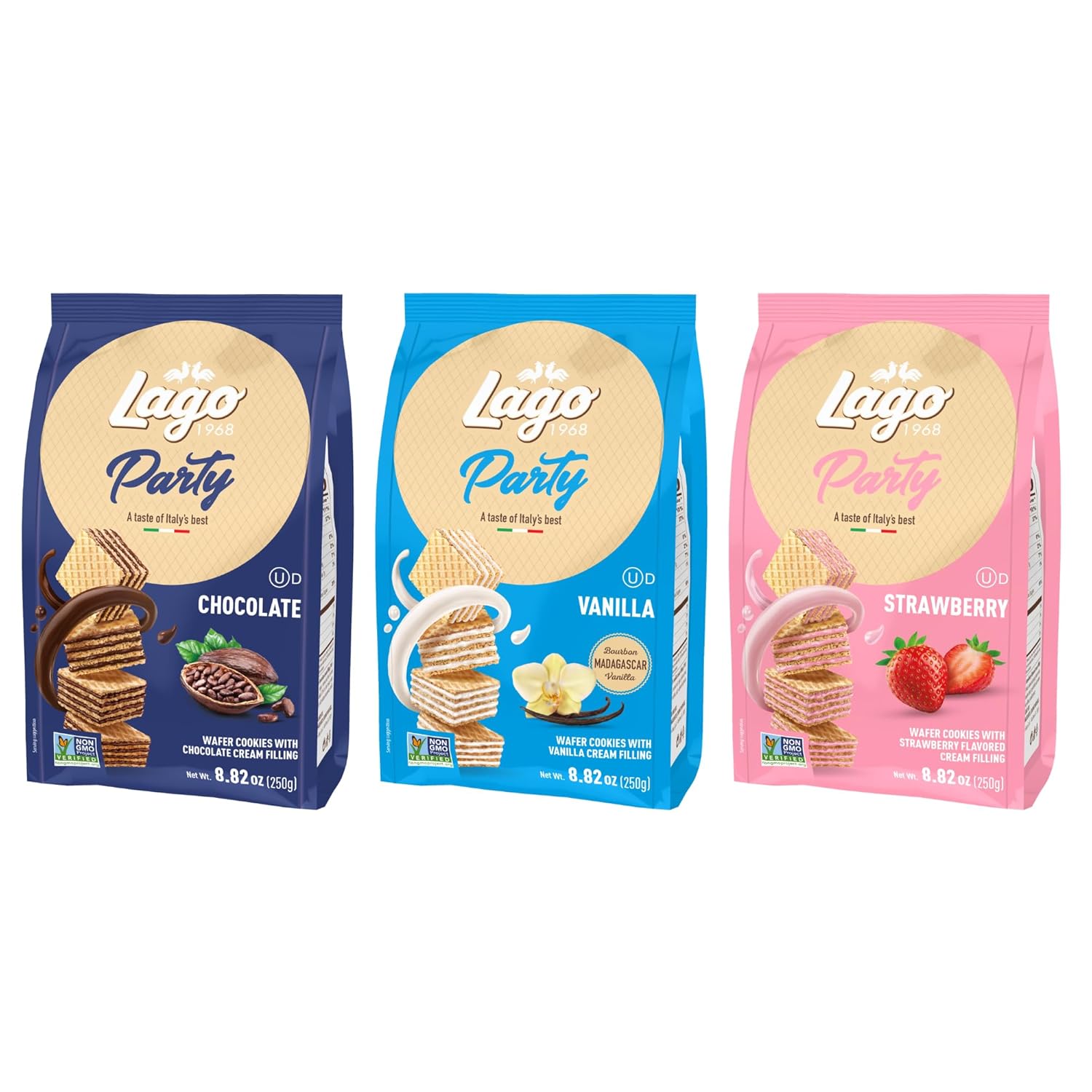 Gastone Lago Party Variety Wafers, 8.82 oz (3-Pack) – Italian Crispy Wafer Cookies with Chocolate, Vanilla & Strawberry Cream Filling, Light & Crunchy Snack