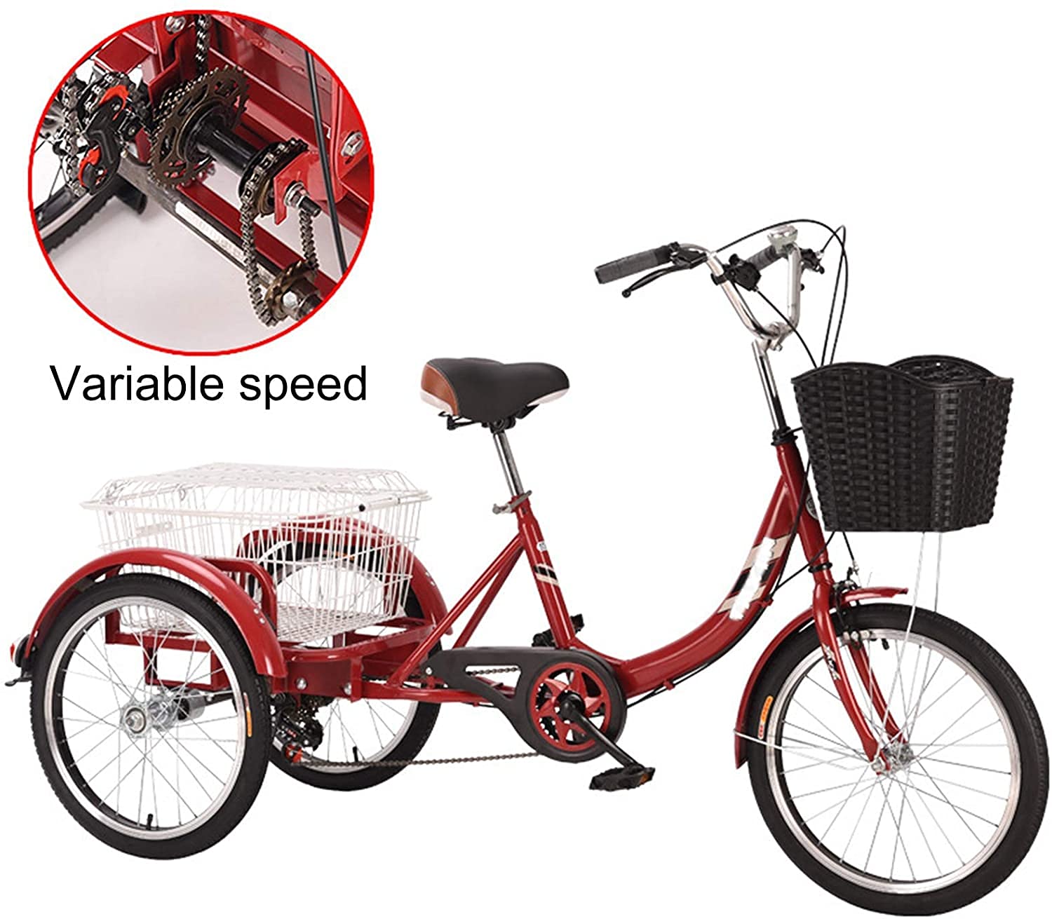 PAGOIAAR Adult Cargo Tricycles Beach Cruiser Bikes Shopping Tricycle for Adults 6 Speed Adult Tricycle Adjustable Three-Wheel Pedal Bicycle for Seniors Fitness Beach with Leisure Shopping Basket