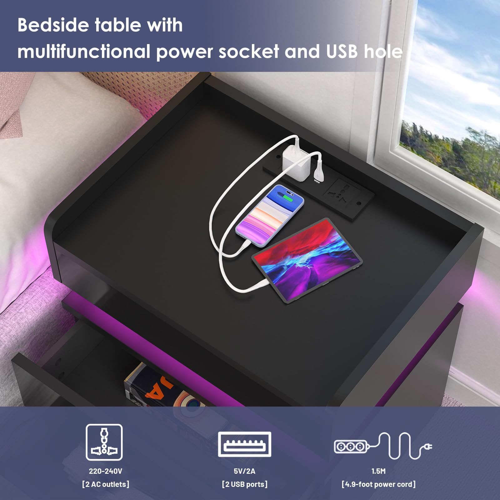 Comodino Con Luci LED RGB, 2 Cassetti, Presa E Porte USB, Per Camera Da Letto, Nero 45x35x52 Cm - 3