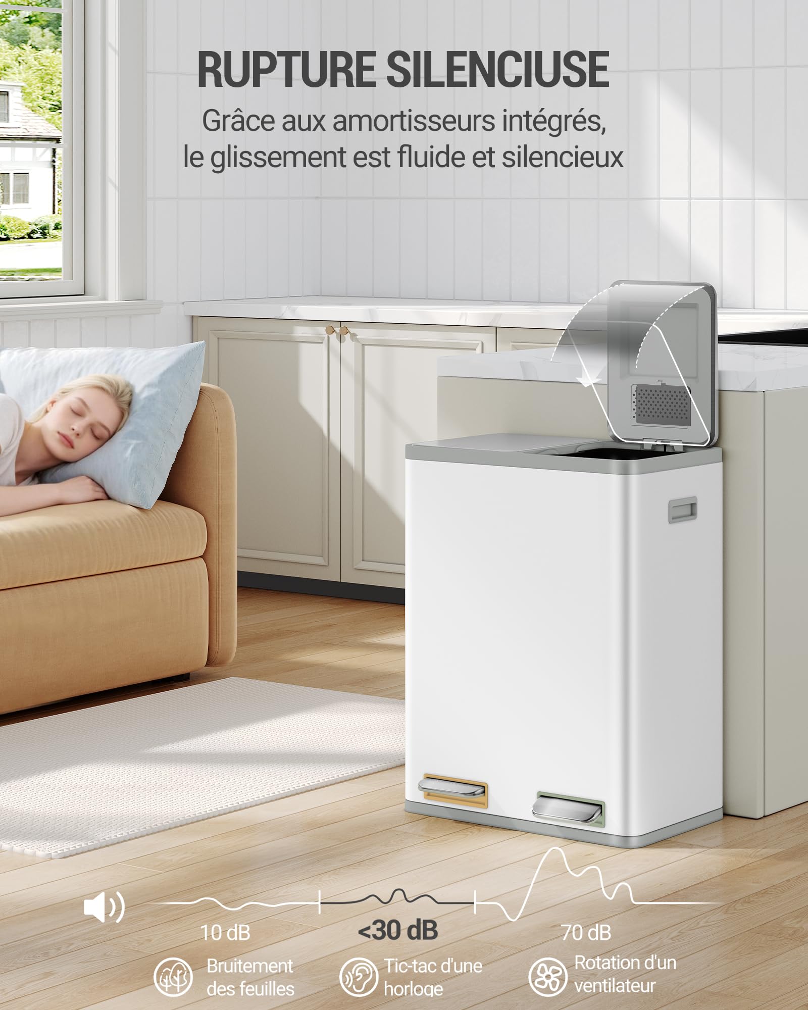 Hzuaneri Poubelle Cuisine, 60L (2 x 30L), Poubelle Tri Selectif 2, Poubelles Tri avec Pédales à code couleur, Ilencieux et retombe lentement, avec 15 Sacs Poubelles, pour Cuisine, Blanc SW23099W