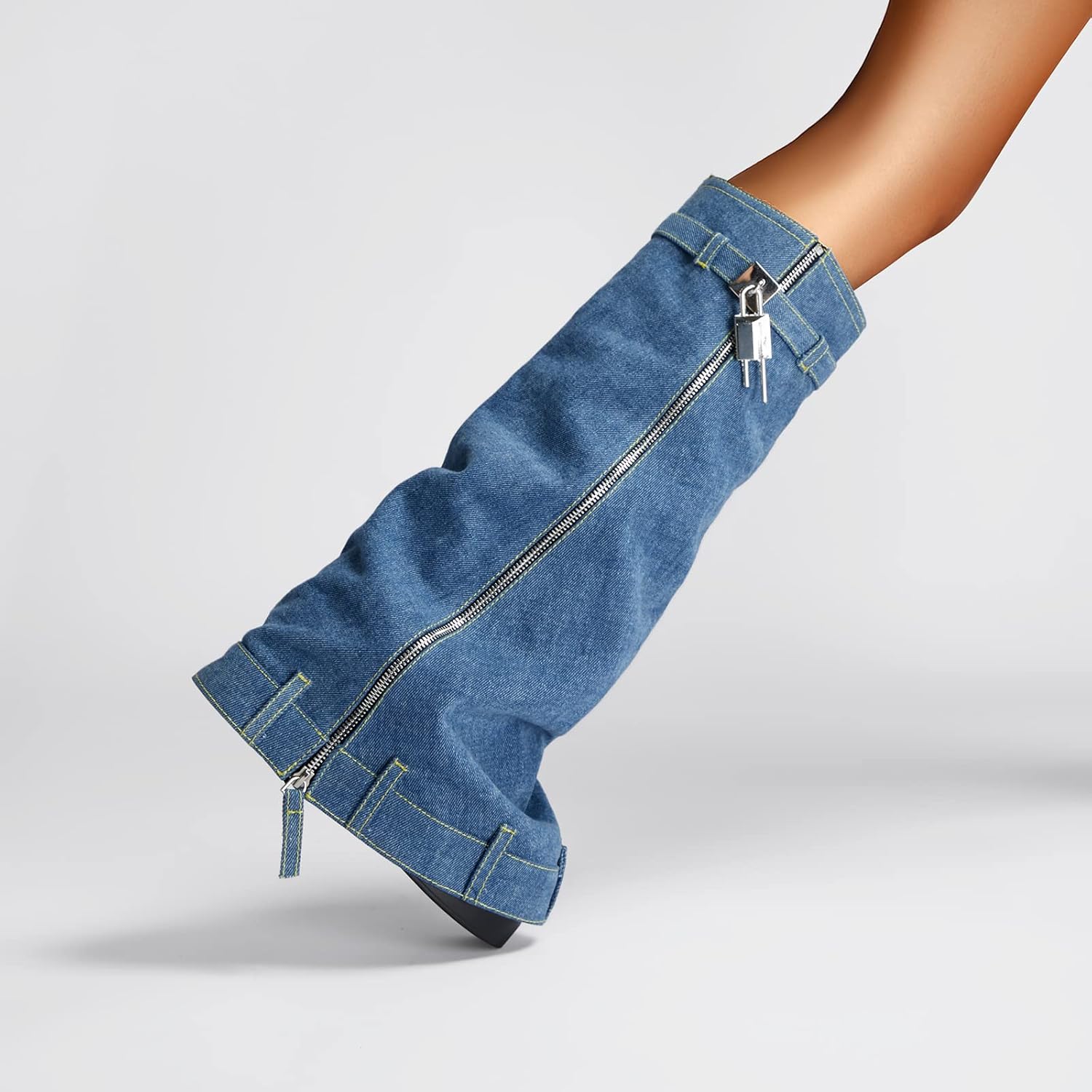 Arqa Women's Fold Over Knee High Boots Platform Heel Padlock Boot with Zipper Denim Jeans Biker Shoes