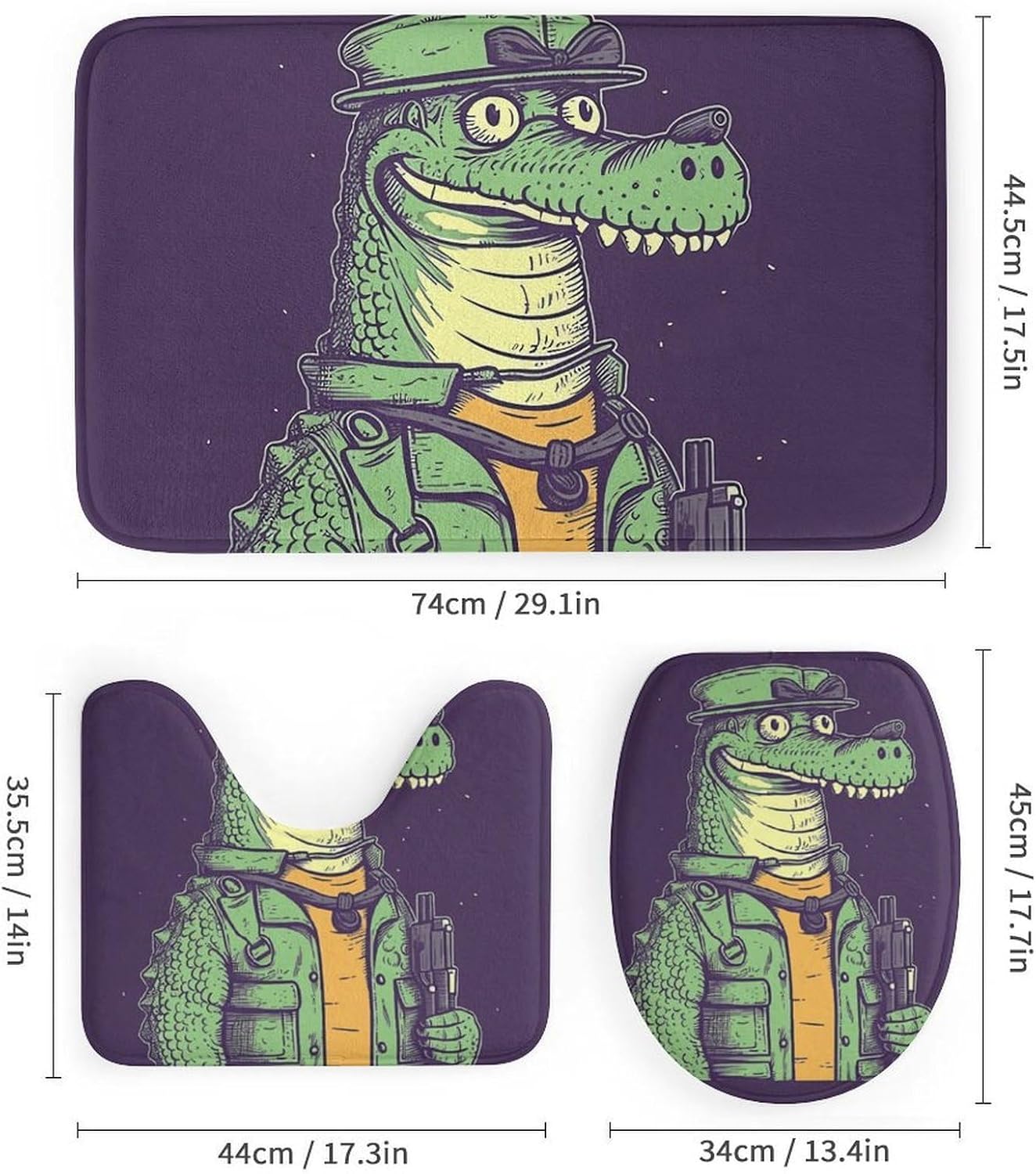 Crocodile Holding Gun Shower Curtain Set 4 Piece, Non-Slip Bath Mat with Toilet Lid Cover and Waterproof Shower Curtain with 12 Hooks, Complete Bathroom Set for Home Decor
