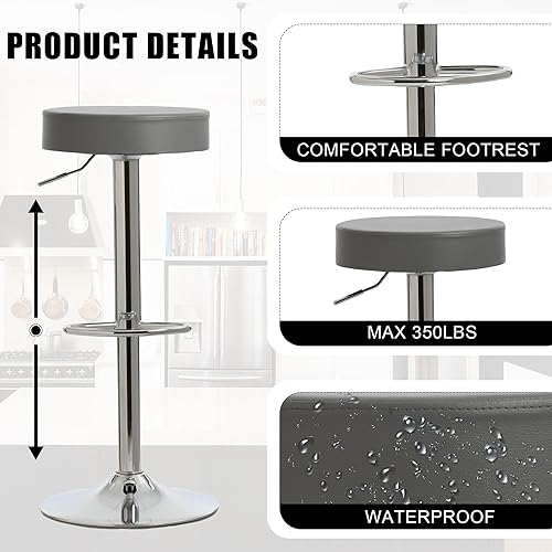 Miniatura 4 de ACKEMO Taburetes de bar grises de altura ajustable para mostrador, juego de 2 sillas de bar giratorias de piel sintética para cocina del hogar, pub