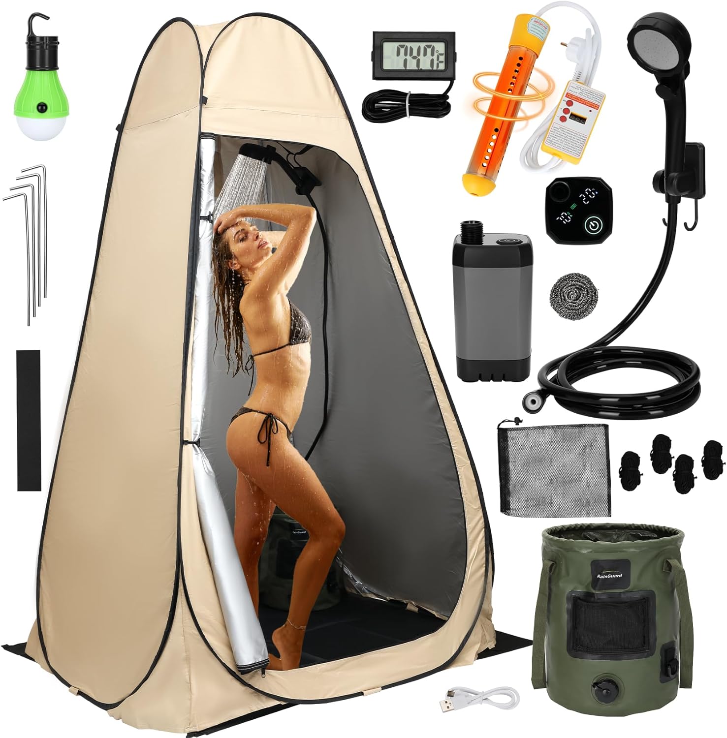 Portable Hot Shower for Camping with Heater, 2000W Immersion Heater & 6000mAh Pump, Outdoor Shower Tent Enclosure Kit, 6.6 Gal Foldable Bucket for Adults, Pets, Car Wash