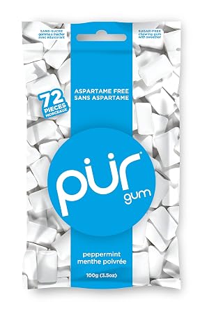 PUR 100% Xylitol Simply Pure Natural Flavored Chewing Gum, Sugarless Peppermint, Aspartame and Gluten Free, Vegan & Keto Friendly, Healthy, Low Carb, 72 Count