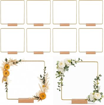 10 Pack Floral Hoop with Stand, 8 inch Square Metal Rings with Wooden Base for DIY Centerpiece Table Decorations Crafts Hoop Rings Wedding Party Christmas Wreaths Card Display Frame Centerpiece