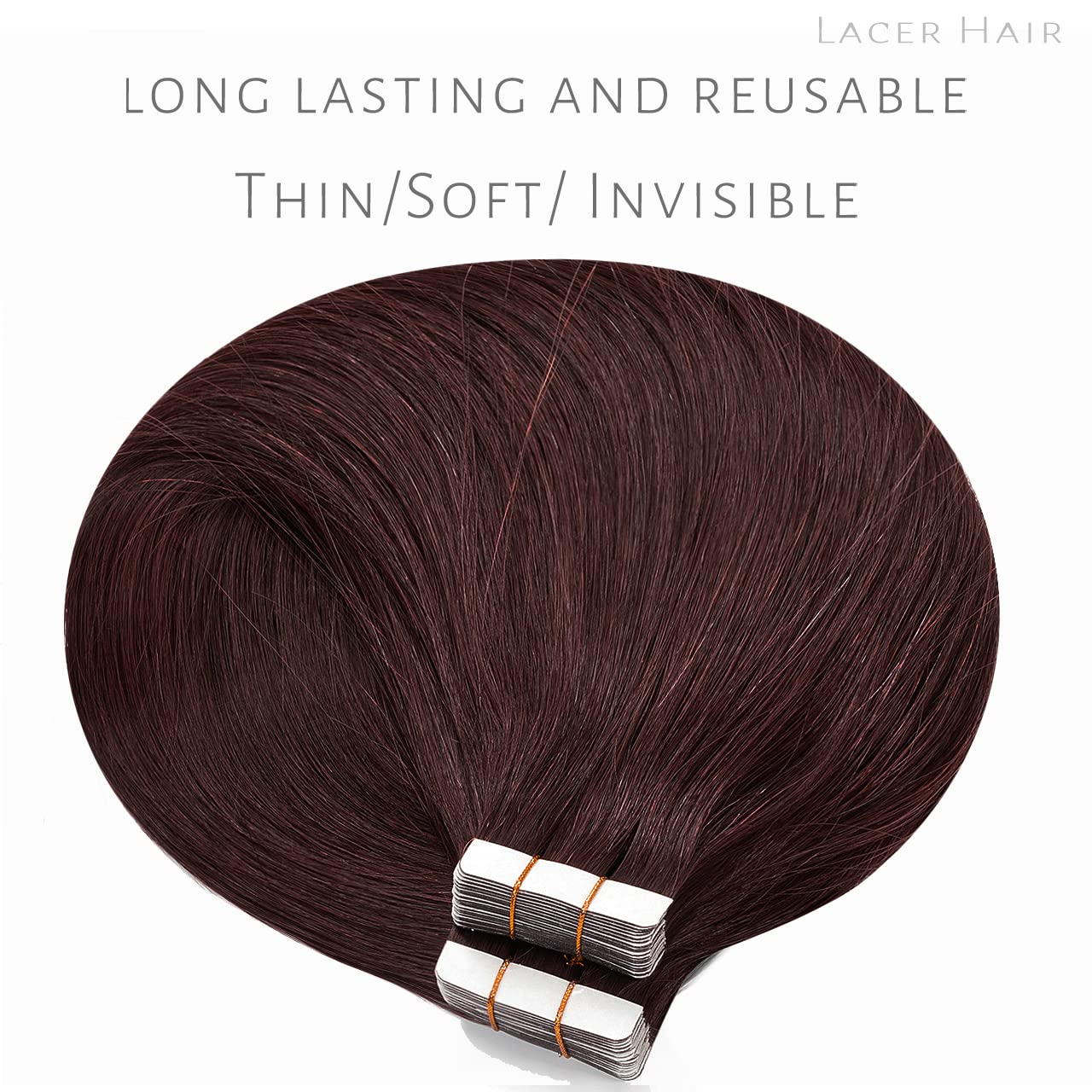 Lacerhair Dark Burgundy Tape in Hair Extensions Human Hair PU Skin Weft 100% Real Virgin Human Hair Tape Extensions 22inch Burgundy Red Wine Burgundy Double Side 20pcs/set 50g