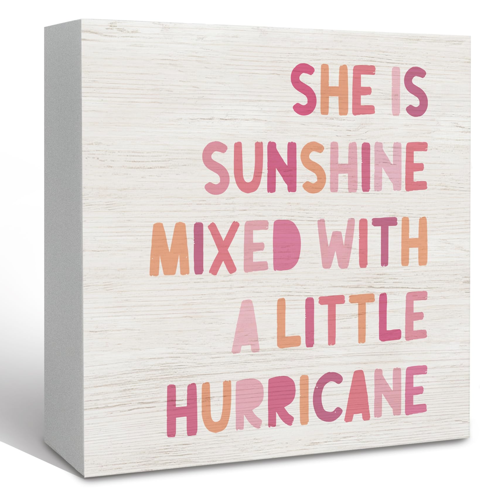 KFXHANGD Pink Inspirational Wooden Box Sign Desk Decor, Girls Room She Is Sunshine Mixed with a Little Hurricane Sign for Nursery Girls Bedroom,