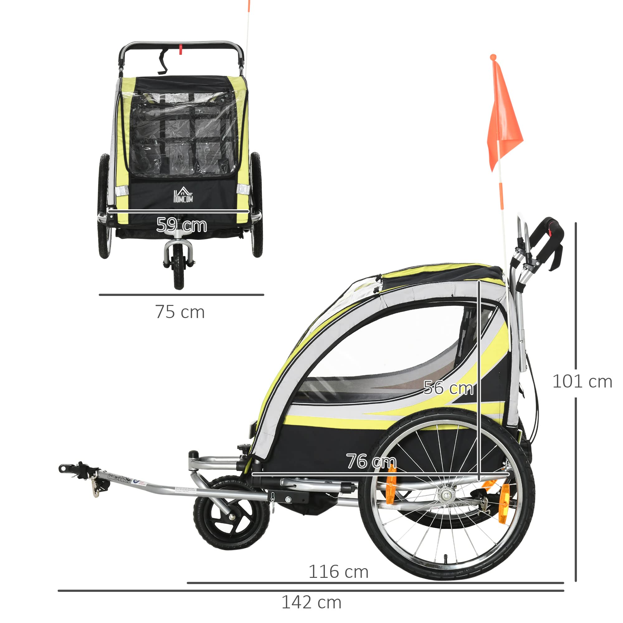 Rimorchio Bici Passeggino per 2 Bambini con Freno, Cintura e Tasche 116-142x75x101 cm Colore Giallo - 026YL/440