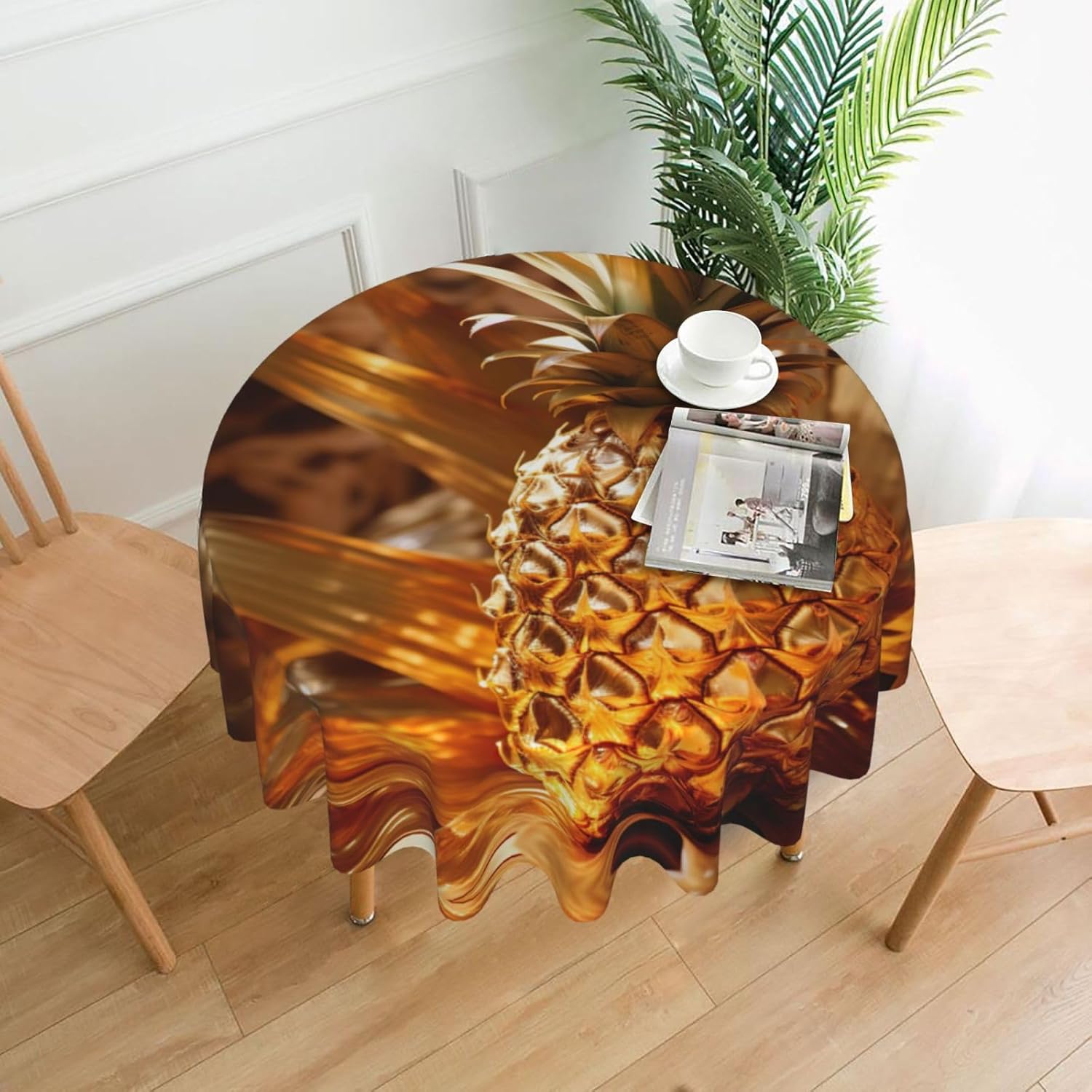 Golden Pineapple Print Wrinkle Free Dining Table Cover for Birthday Party Farmhouse Tablecloths Up to 60 x 60 Inches