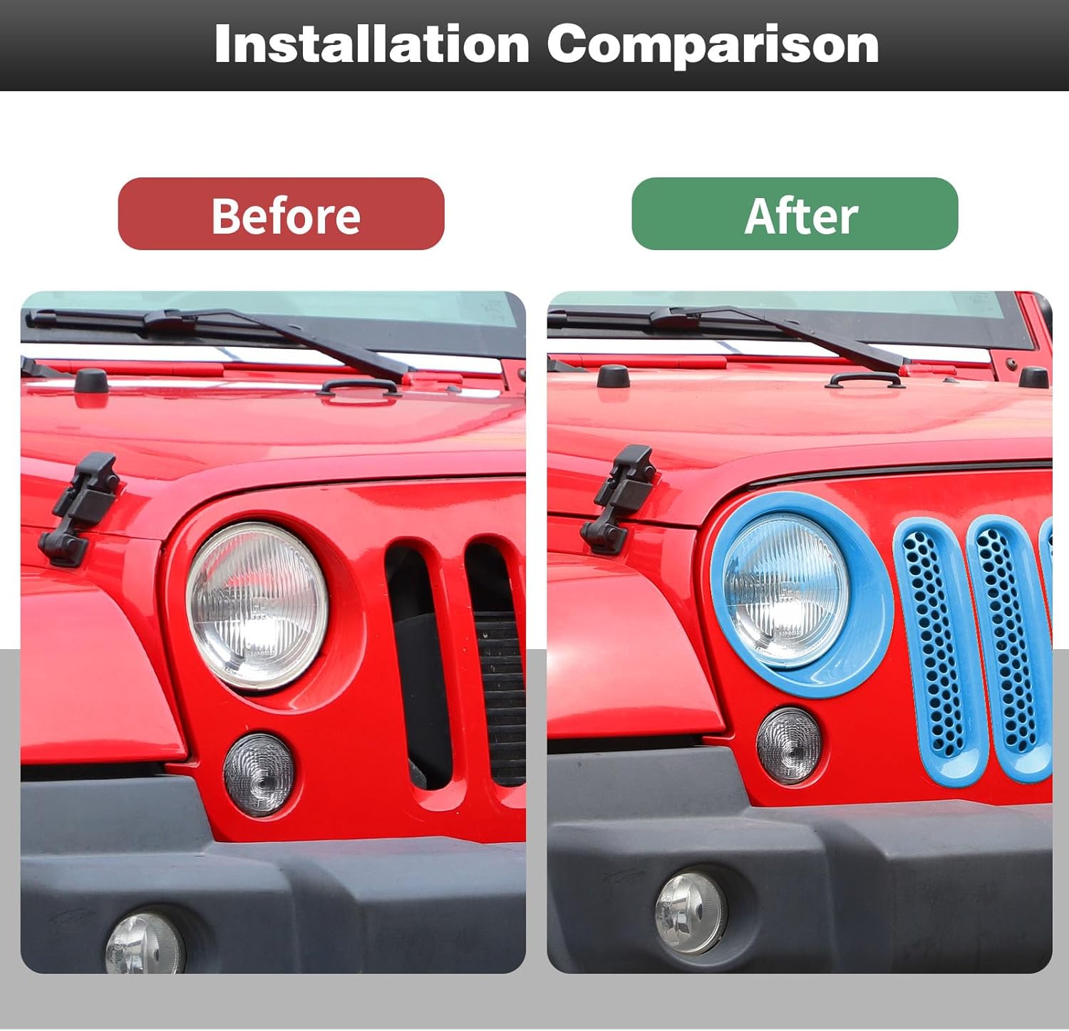 CheroCar for JK Mesh Grille Grill Insert & Headlight Cover Trim Exterior Accessories for Jeep Wrangler JK 2007-2018,Light Blue…