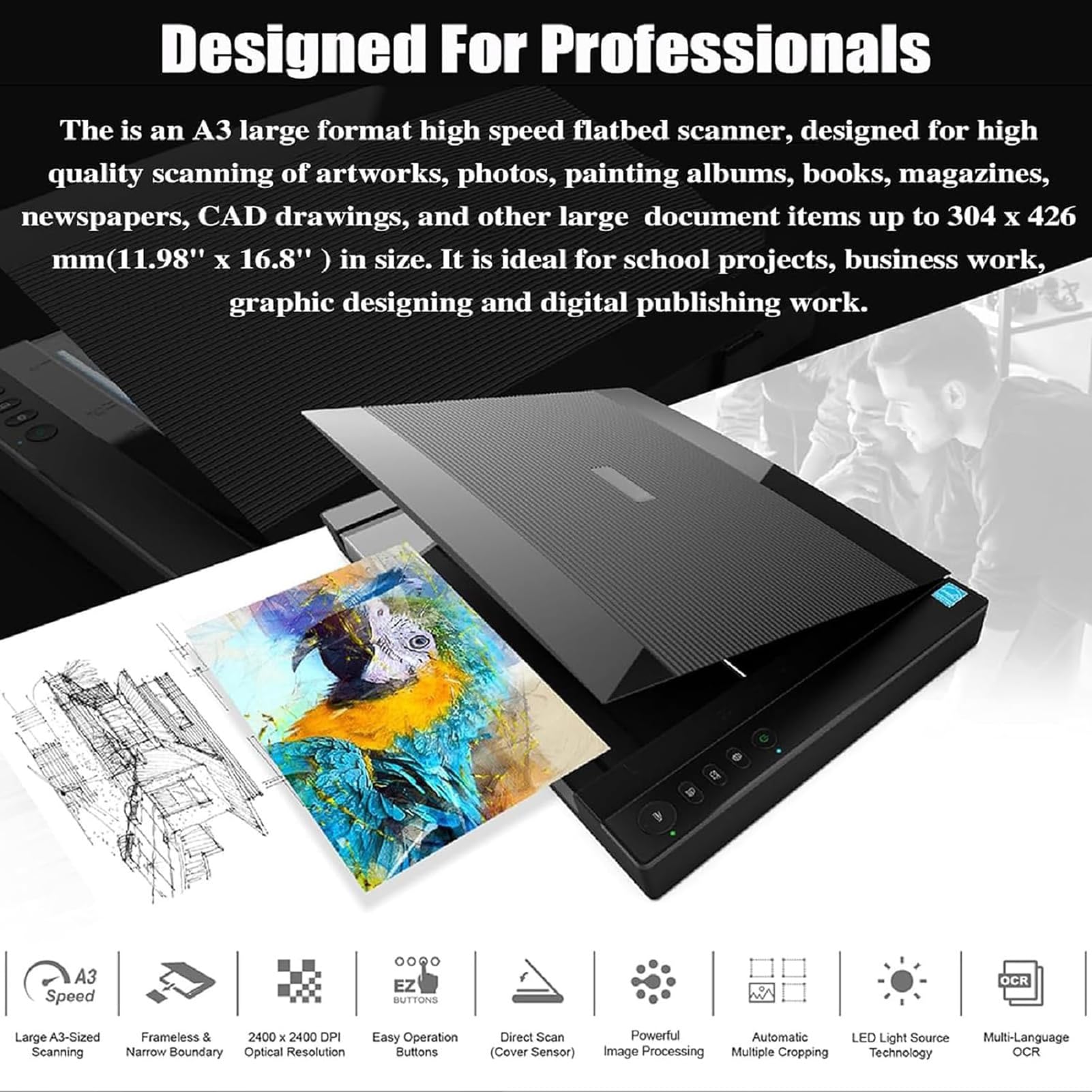Scanner piano di grande formato A3, scanner piano di grande formato for documenti e album fotografici, scanner for documenti, foto e libri a 1200/2400 DPI, scansione automatica(2400DPI)