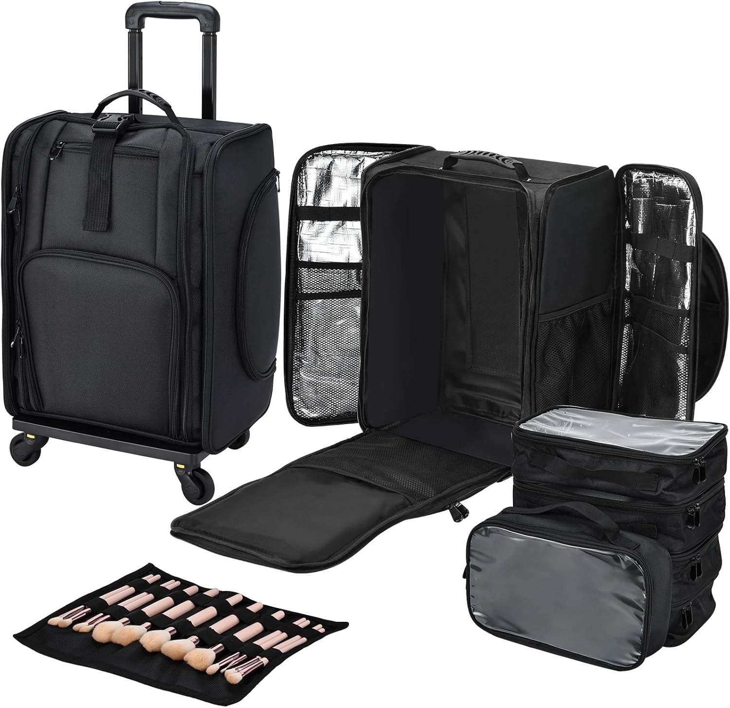Stagiant Rolling Makeup Train Case, Professional Makeup Case, Travel Cosmetic Organizer Make Up Storage Bag for Makeup Artist, Hairstylist, Barbers, with 5 Toiletry Bags, Black
