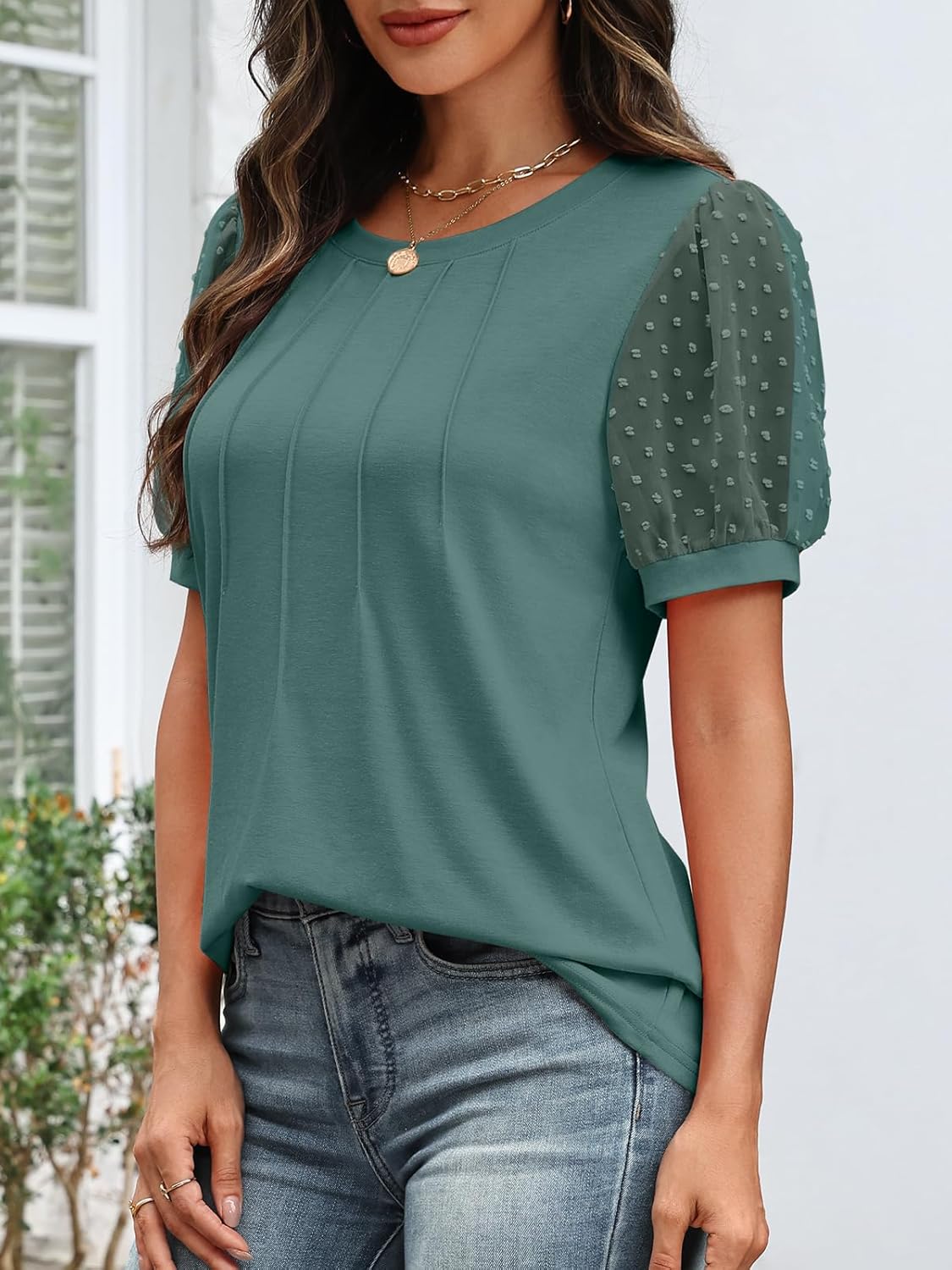 ATHMILE Womens Summer Tops Pleated Crew Neck T Shirts Swiss Dot Puff Sleeve Loose Casual Blouses Trendy Date Outfits - Image 3
