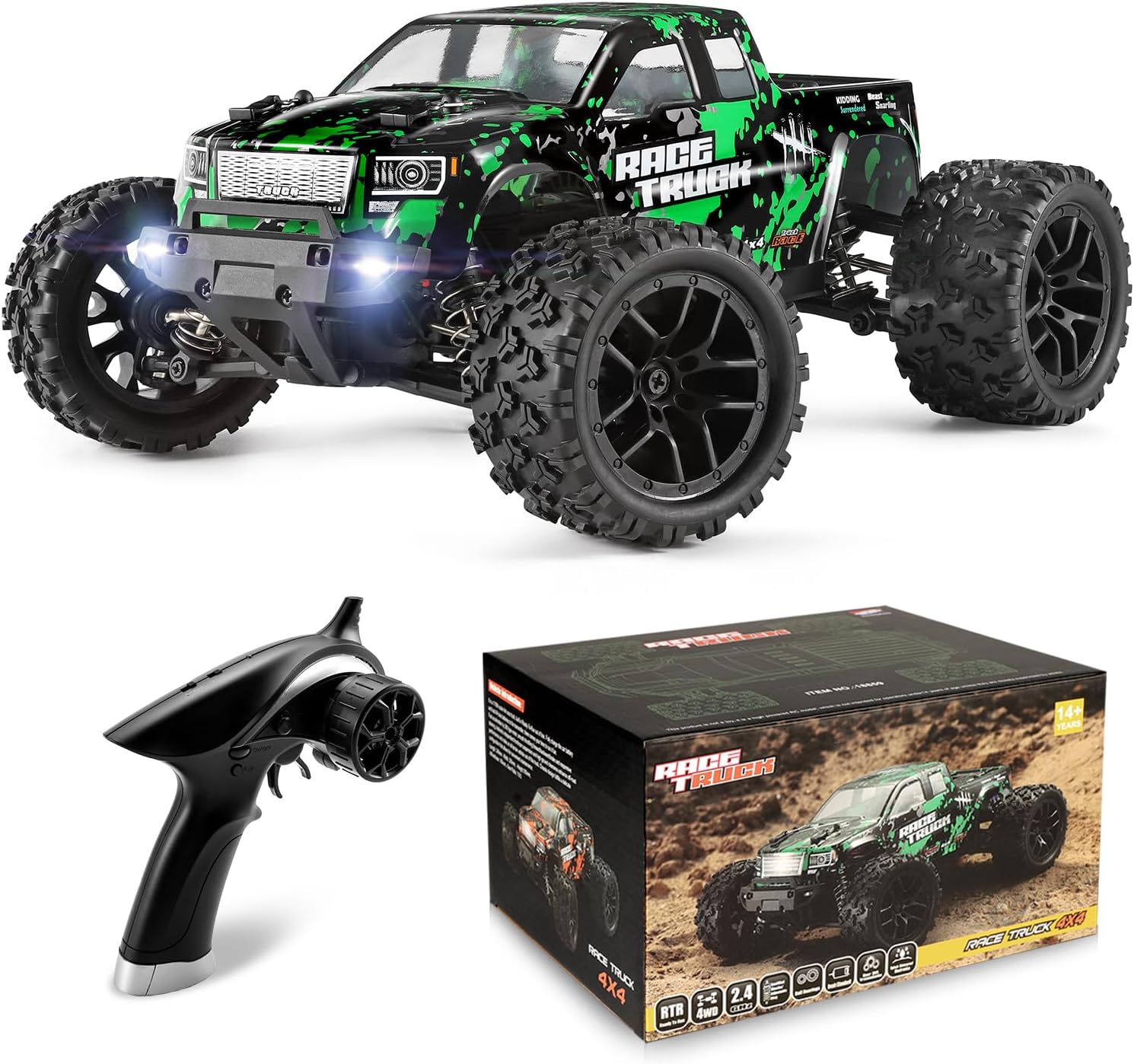 BBM HOBBY HBX 1:18 Scale All Terrain 30 Plus MPH High Speed 4WD 2.4 GHz Radio Controller, Waterproof Off-Road Electric RC Vehicle with Battery and Charger (18859E, Green/Red)