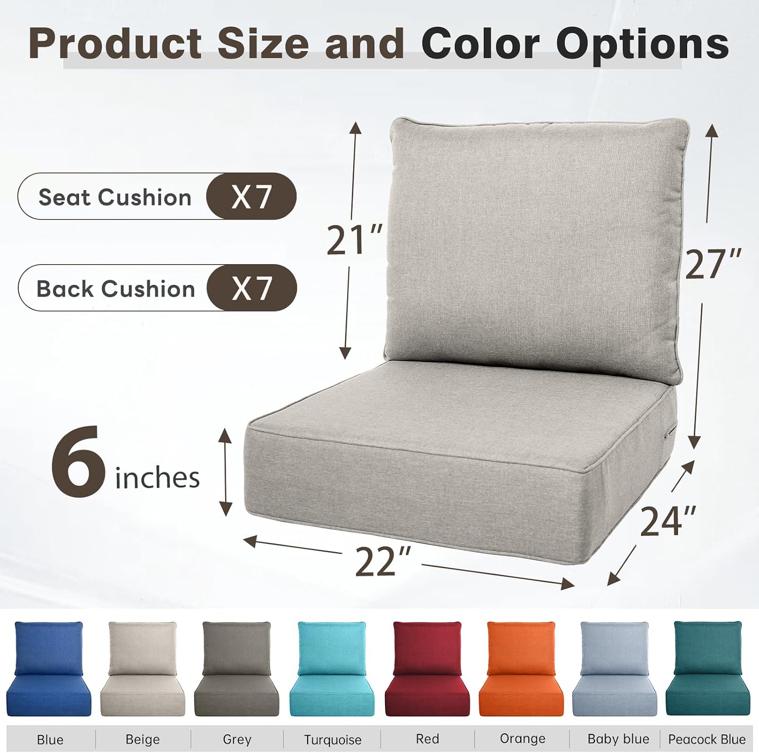 Belord Luxury 6" Thick Outdoor Cushion 7 Set - 22 x24 Inch 28D Sponge Filling Fade-Resistant Chair Cushion, Spill Proof Removable Patio Furniture Replacement Cushion for Sofa Bench Swing - Beige