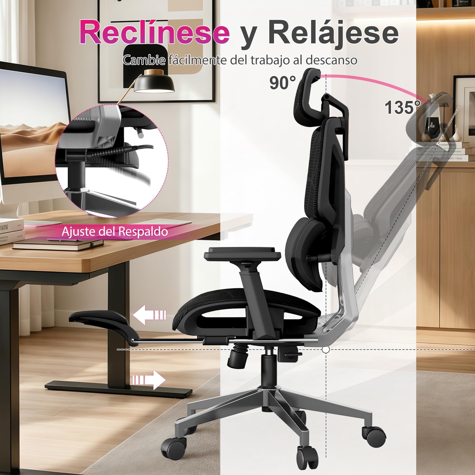 Silla Ergonómica de Oficina con Soporte Lumbar de 3 Zonas y Reposapiés, Reposabrazos Ajustables y Reposacabezas, Silla de Malla Reclinable para Oficina en Casa, Estudio y Gaming, Negro