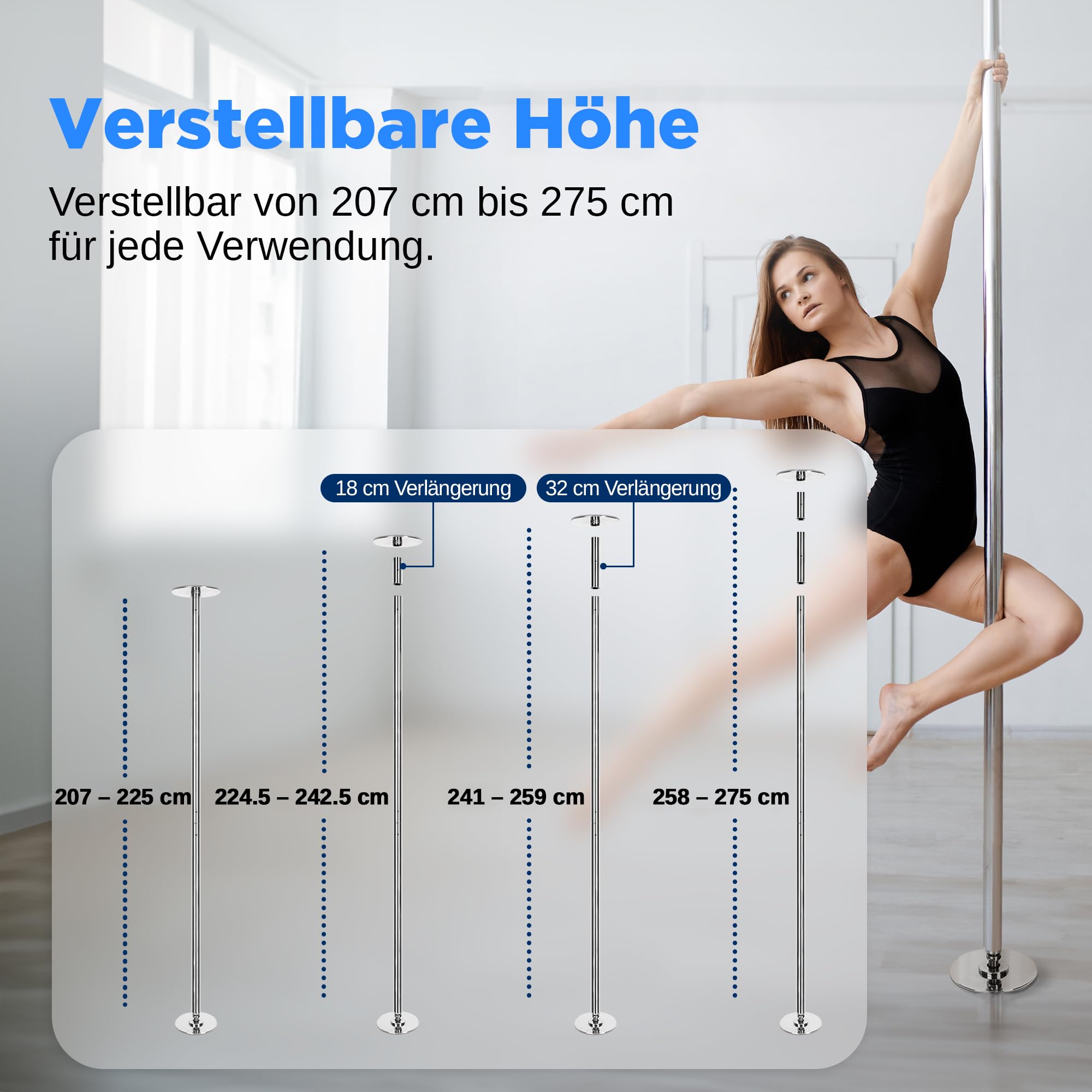 SereneLife Pole Dance Stange Indoor – Höhenverstellbar, Statisch & Rotierend, 204–274cm Turnstange Indoor für Zuhause – Robuster Stahl, Kein Bohren – Fitness Poledance Tanztraining – 280kg Traglast