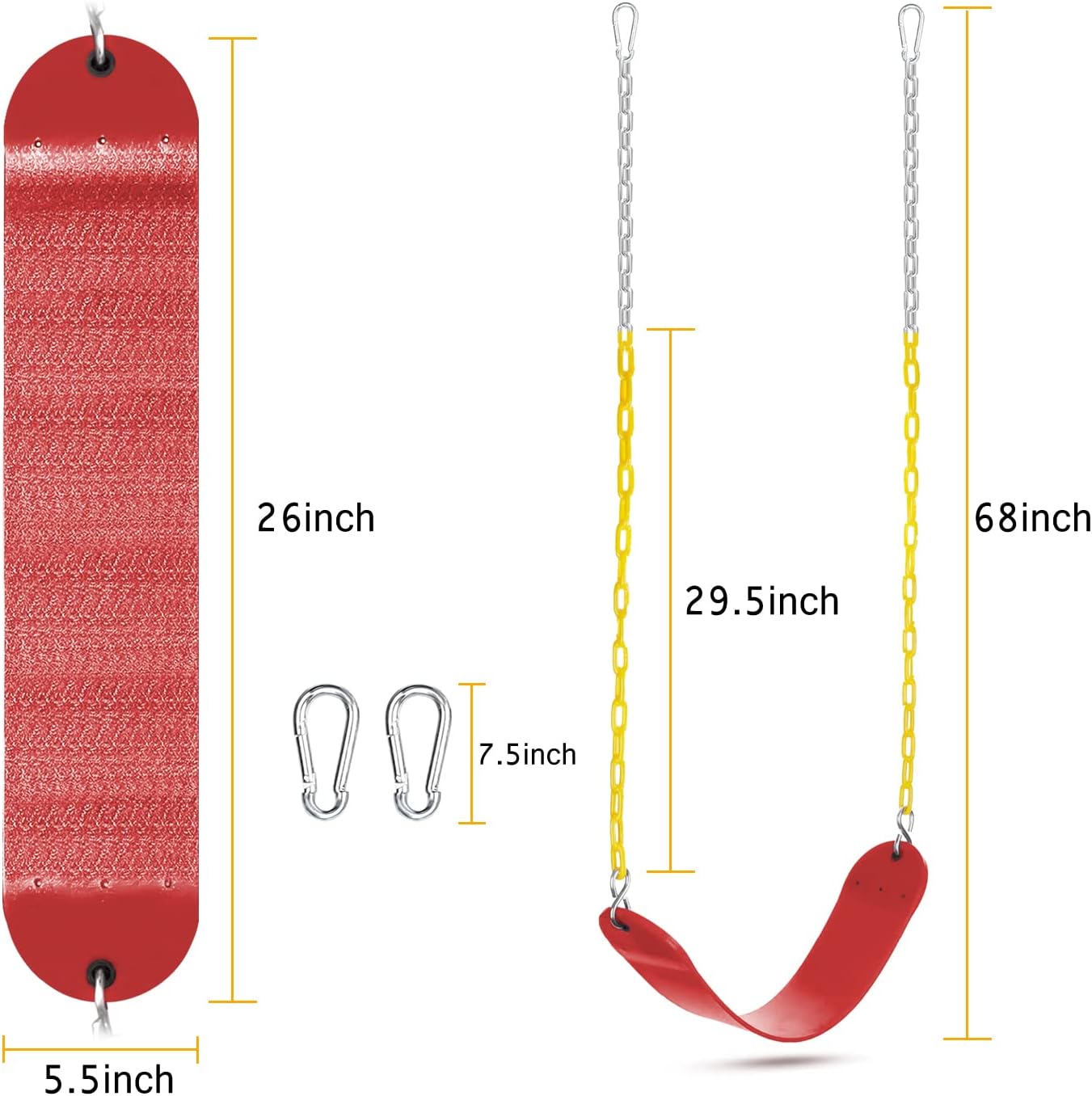 2 Pack Heavy Duty Swing Seat for Kids, Jungle Gym Swings Playground Swing Set with Plastic Coated Chain for Easy Install Swings Seat Replacement Outdoor Playground Backyard (Red)