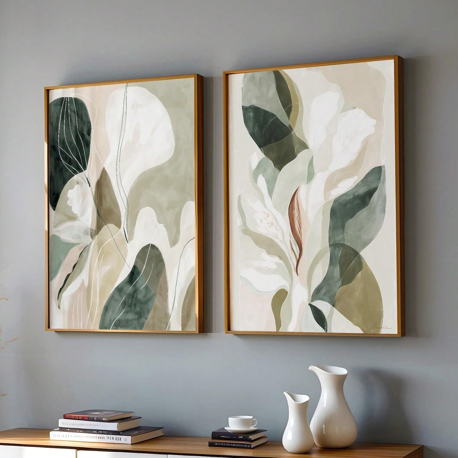 ZBELLO 2 Pieces Neutral Green Botanical Wall Art Prints, Abstract Leaf Plant Canvas Pictures, Modern Minimalist Wall Decor, Unframed (30x40cm)