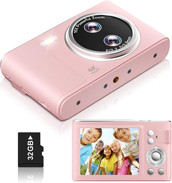 Digital Camera, 48MP FHD 1080P Point and Shoot Camera with 16x Zoom, Anti Shake Autofocus Compact Camera with 32GB Card for Kids, Beginners, Teens, Pink
