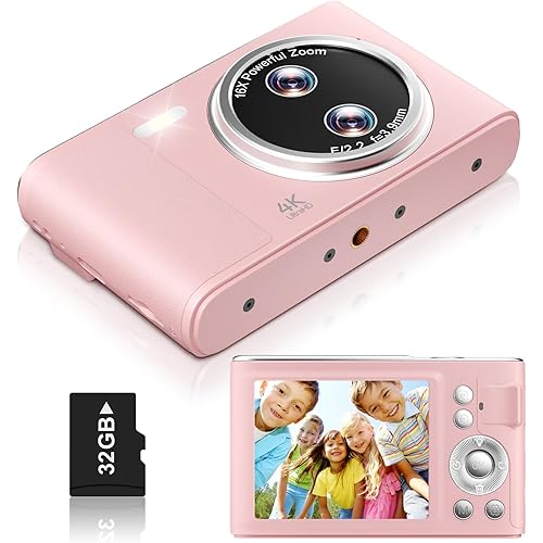 Digital Camera, UHD 4K Cameras for Photography with 48MP, Pink Digital Camera with 16x Zoom, Point and Shoot Digital Cameras with 32GB Card, Camera for Kids/Teens/Girls/Boys (Pink)