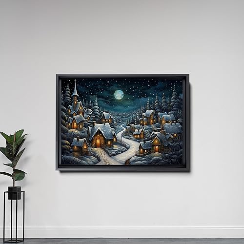 Miniatura 7 de Christmas Wall Art - Farmhouse Snow Covered Christmas Eve Village At Night Painting Canvas Print, Over Mantel Holiday Decor Ready To Hang, Modern