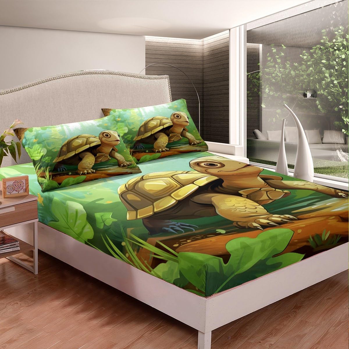 Cartoon Tortoise Kids Fitted Sheet Full Size,Jungle Botanical Plants Bedding Set,Boys Men Room Decor,Turtle Wild Reptile American Animals Rustic Bed Cover,Green Bed Sheet,2 Pillowcases