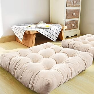 HIGOGOGOSquare Meditation Pillow, Large Floor Pillow Solid Thick Tufted Seat Cushion for Balcony Bedroom Tatami Living Room, Beige, 22x22 Inch